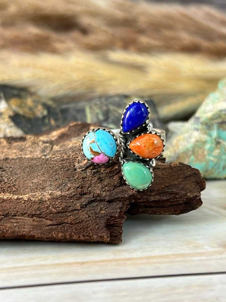 Handmade Sterling Silver Lapis with Kingman Turquoise, Orange Mojave and Cotton Candy Adjustable Ring Signed Nizhoni