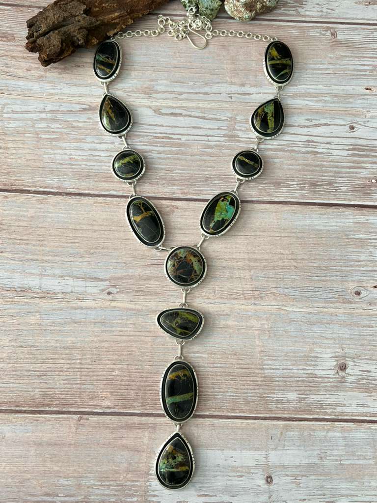 Handmade Sterling Silver Blackjack Turquoise Necklace with Signed Nizhoni