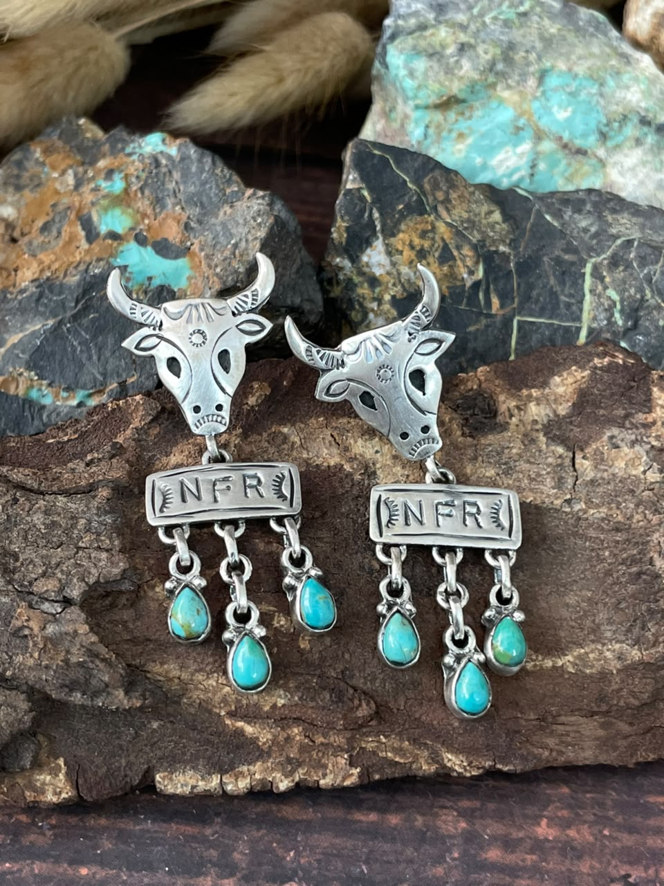 Handmade Sterling Silver Kingman Turquoise NFR Collection: Bull Head Post Dangle Earrings Signed Nizhoni