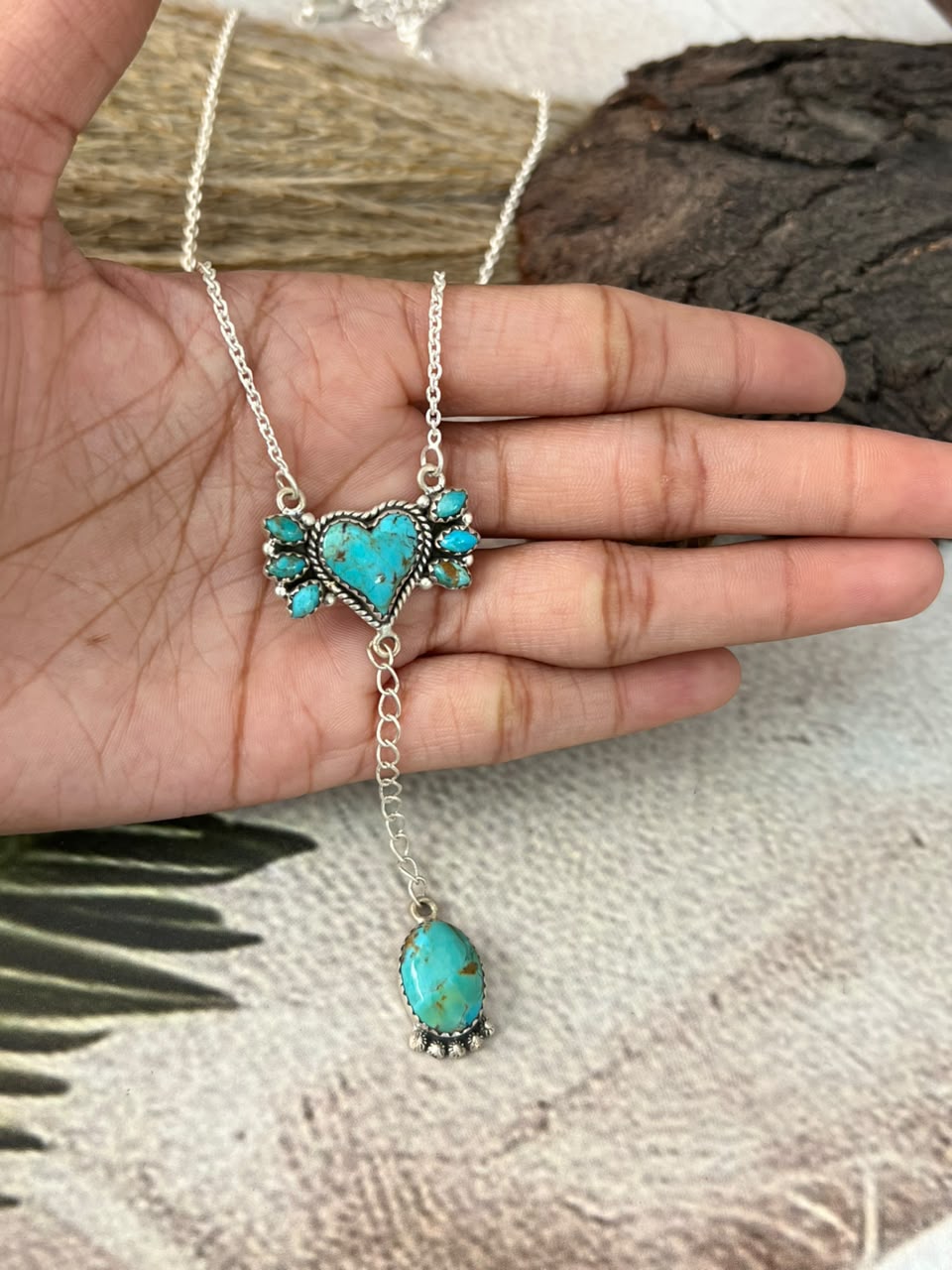 Handmade Sterling Silver Kingman Turquoise Drop Necklace Signed Nizhoni