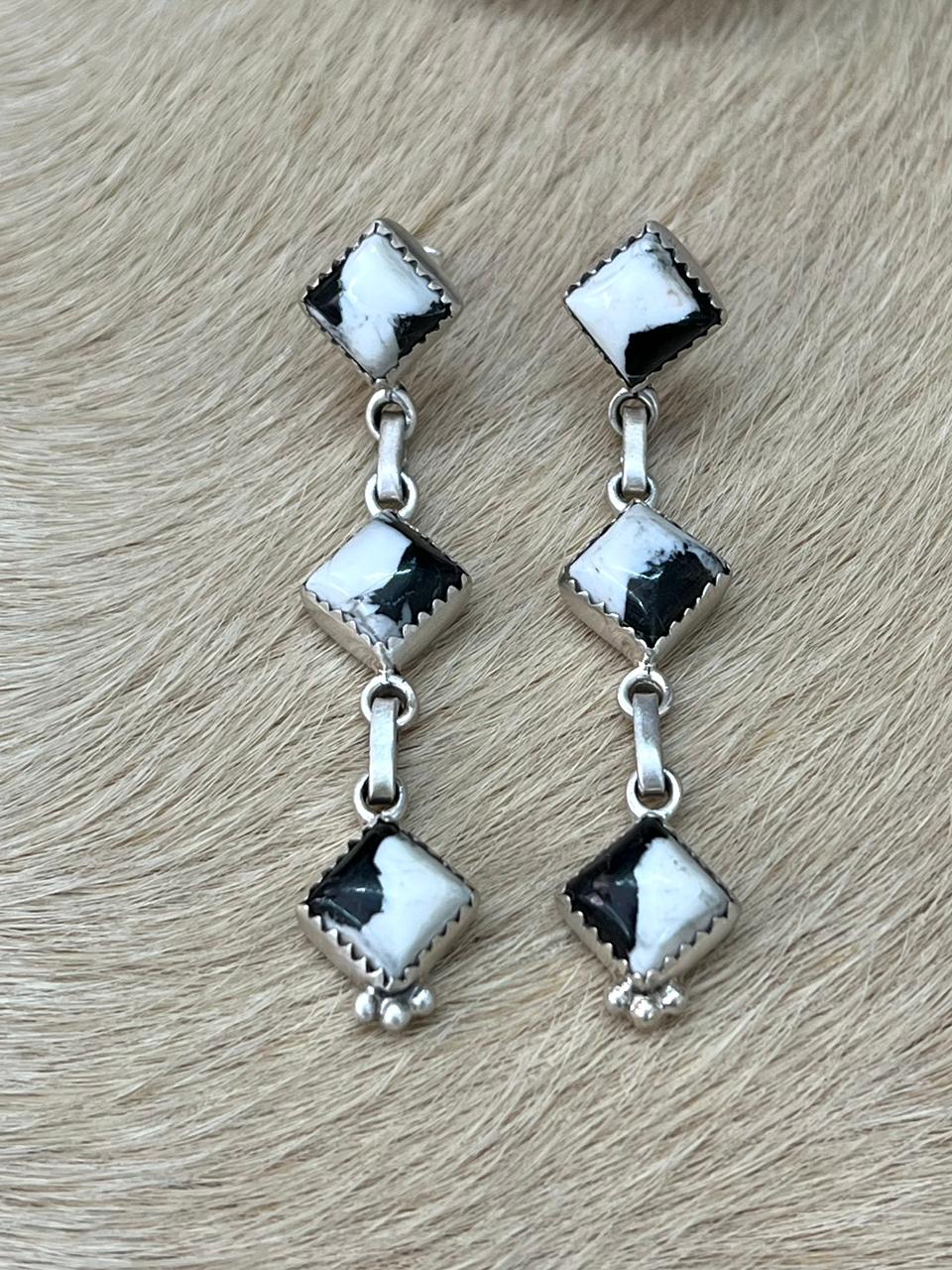 Handmade Sterling Silver White Buffalo Post Dangle Earrings "Signed Nizhoni"