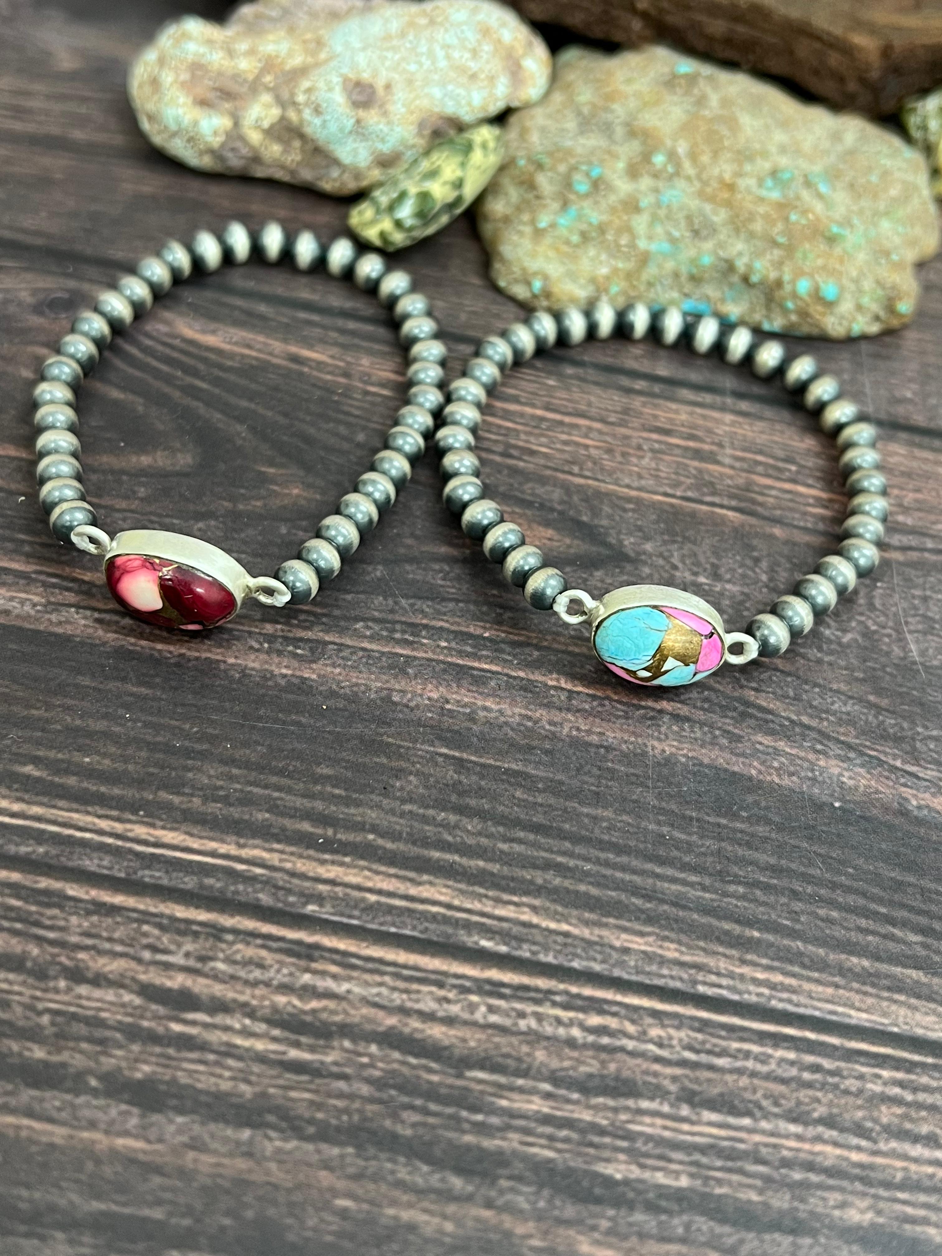 Handmade Sterling Silver Cotton Candy, Dahlia Rose Beaded Bracelet with Signed Nizhoni