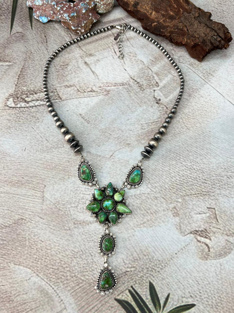 Handmade Sterling Silver Sonoran Mountain Turquoise Beaded Necklace with Signed Nizhoni