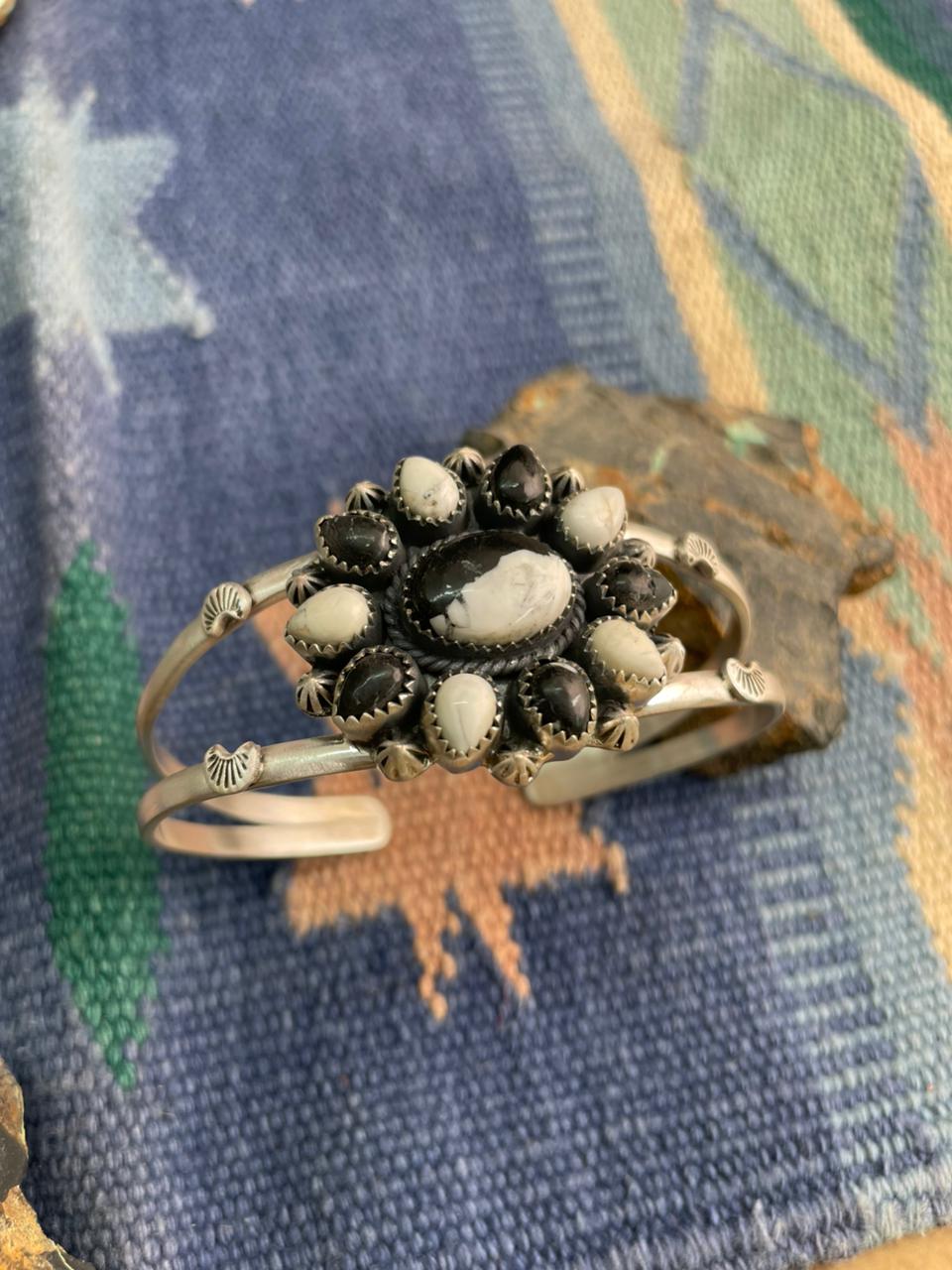 Handmade Sterling Silver White Buffalo Cuff Bracelet "Signed Nizhoni" (1)