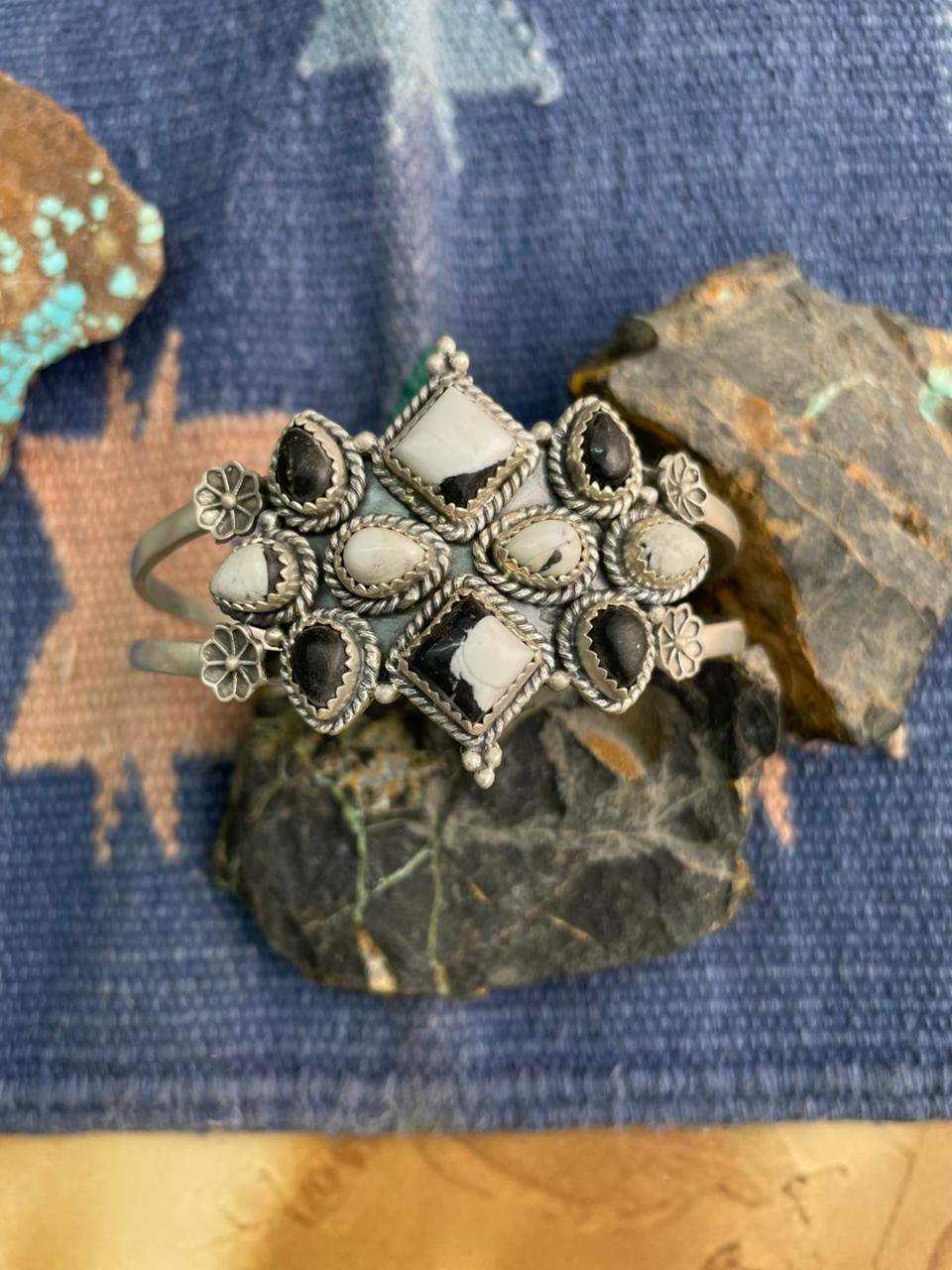 Handmade Sterling Silver White Buffalo Cuff Bracelet "Signed Nizhoni" (2)