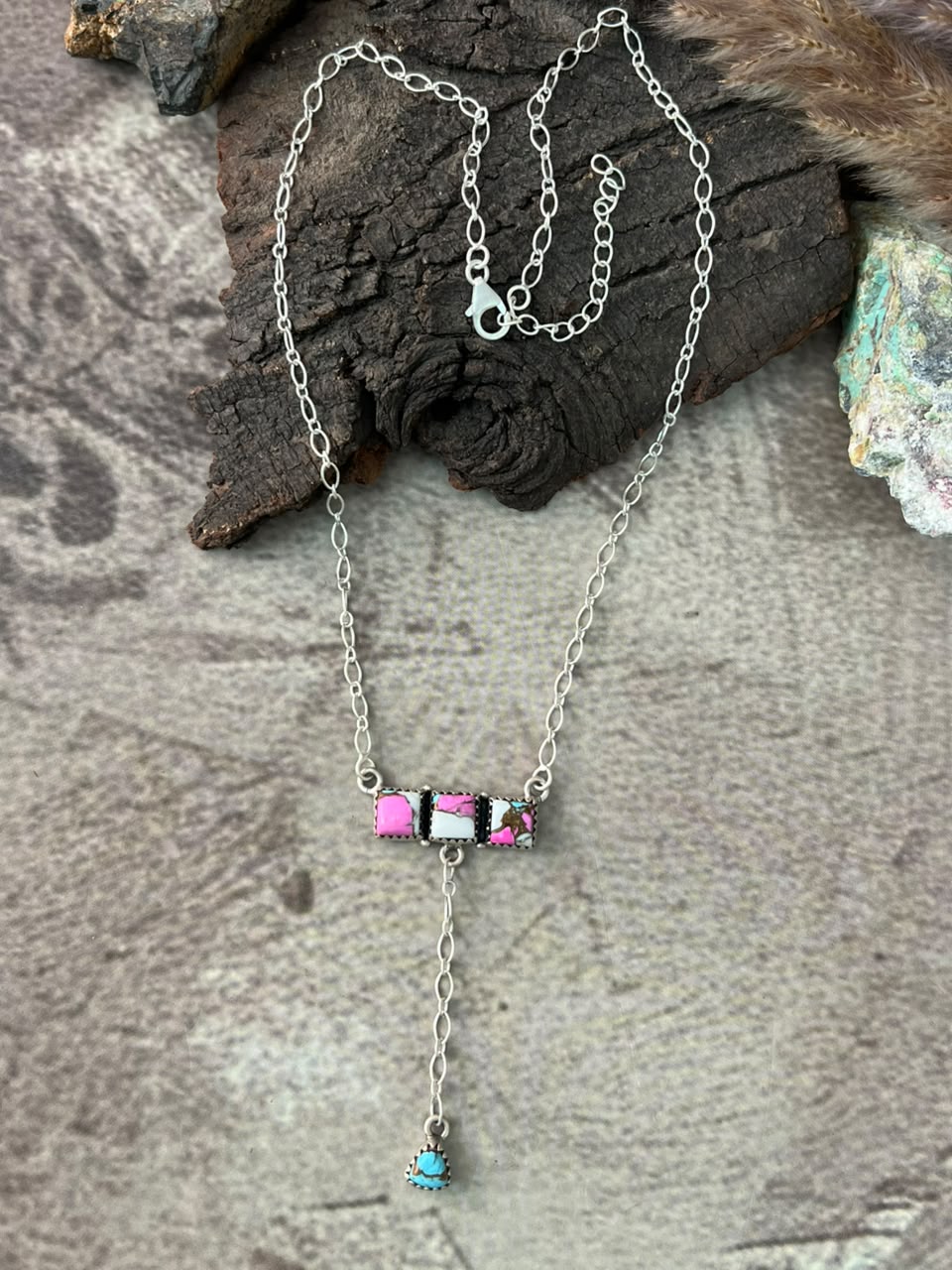 Handmade Sterling Silver Cotton Candy Lariat Necklace Signed Nizhoni