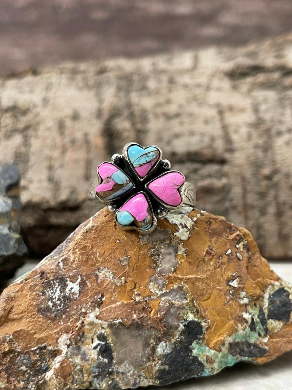 "Heart Collection" Handmade Sterling Silver Cotton Candy Adjustable Ring "Signed Nizhoni"