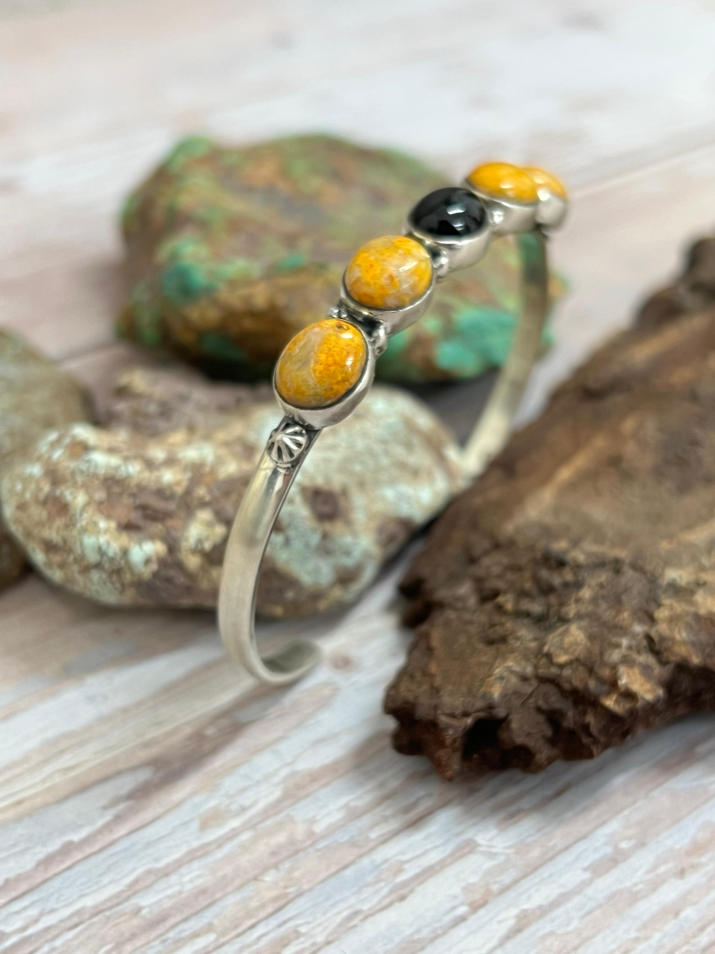 "Halloween Collection" Handmade Sterling Silver Black Onyx, Bumblebee Cuff Bracelet with Signed Nizhoni