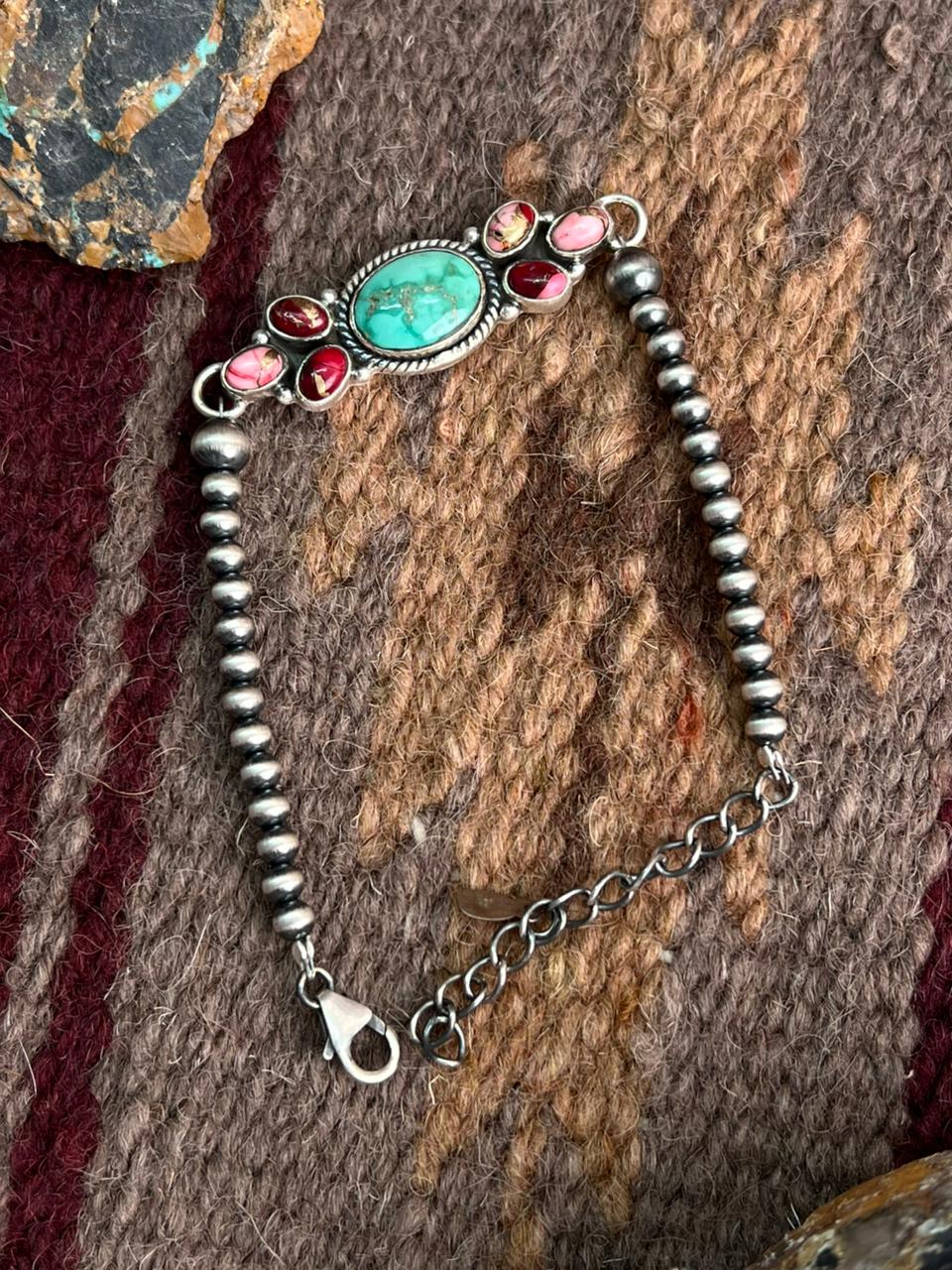 Handmade Sterling Silver Dahlia Rose with Emerald Valley Turquoise Beaded Bracelet "Signed Nizhoni"