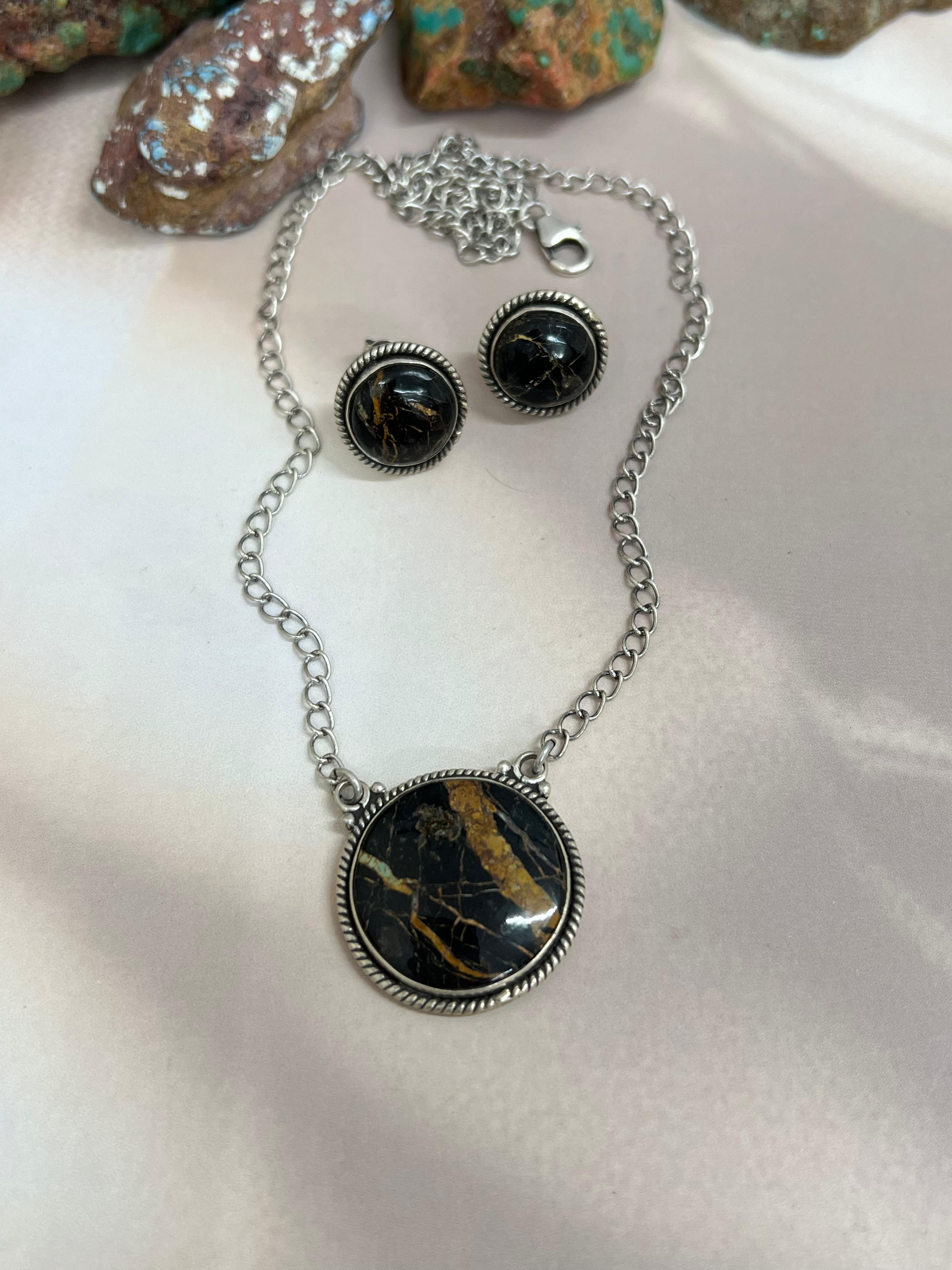 Handmade Sterling Silver Blackjack Turquoise Necklace Earrings Set with Signed Nizhoni