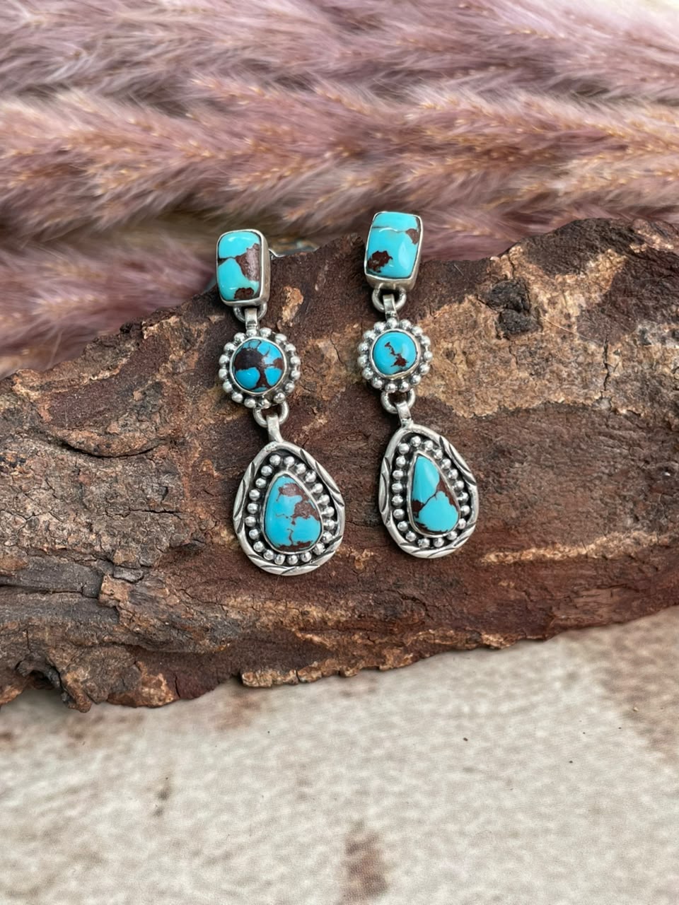 Handmade Sterling Silver Egyptian Turquoise Collection: Post Dangle Earrings Signed Nizhoni
