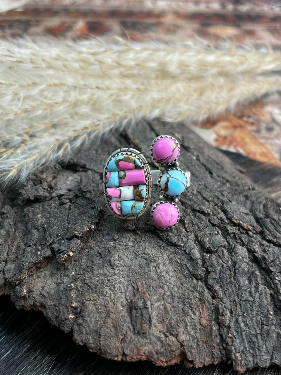 Handmade Sterling Silver 'Cotton Candy Cobble Collection' Adjustable Ring "Signed Nizhoni"