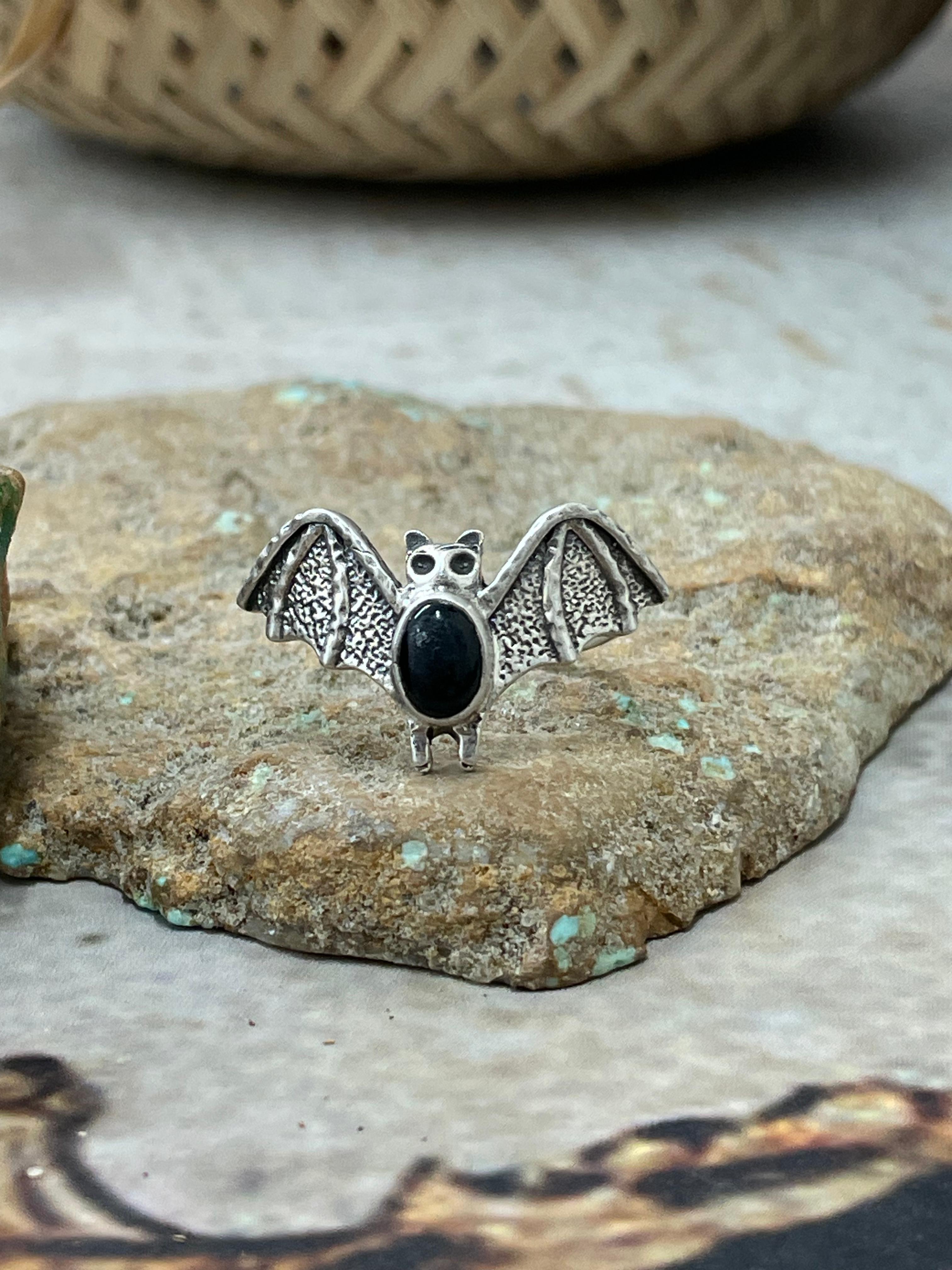 "Halloween Collection" Handmade Sterling Silver Black Onyx Bat Ring with Signed Nizhoni