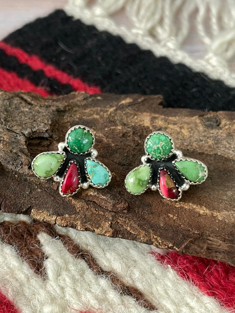 Handmade Sterling Silver Dahlia Rose with Emerald Valley Turquoise Post Earrings "Signed Nizhoni"