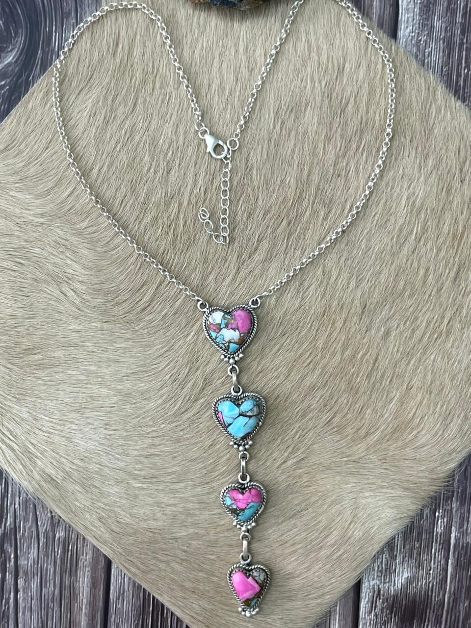 Handmade Sterling Silver Cotton Candy Heart Drop Necklace "Signed Nizhoni"