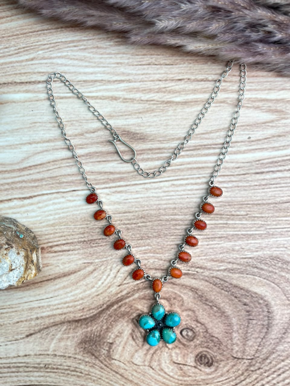 Handmade Sterling Silver Kingman Turquoise with Orange Mojave Necklace Signed Nizhoni