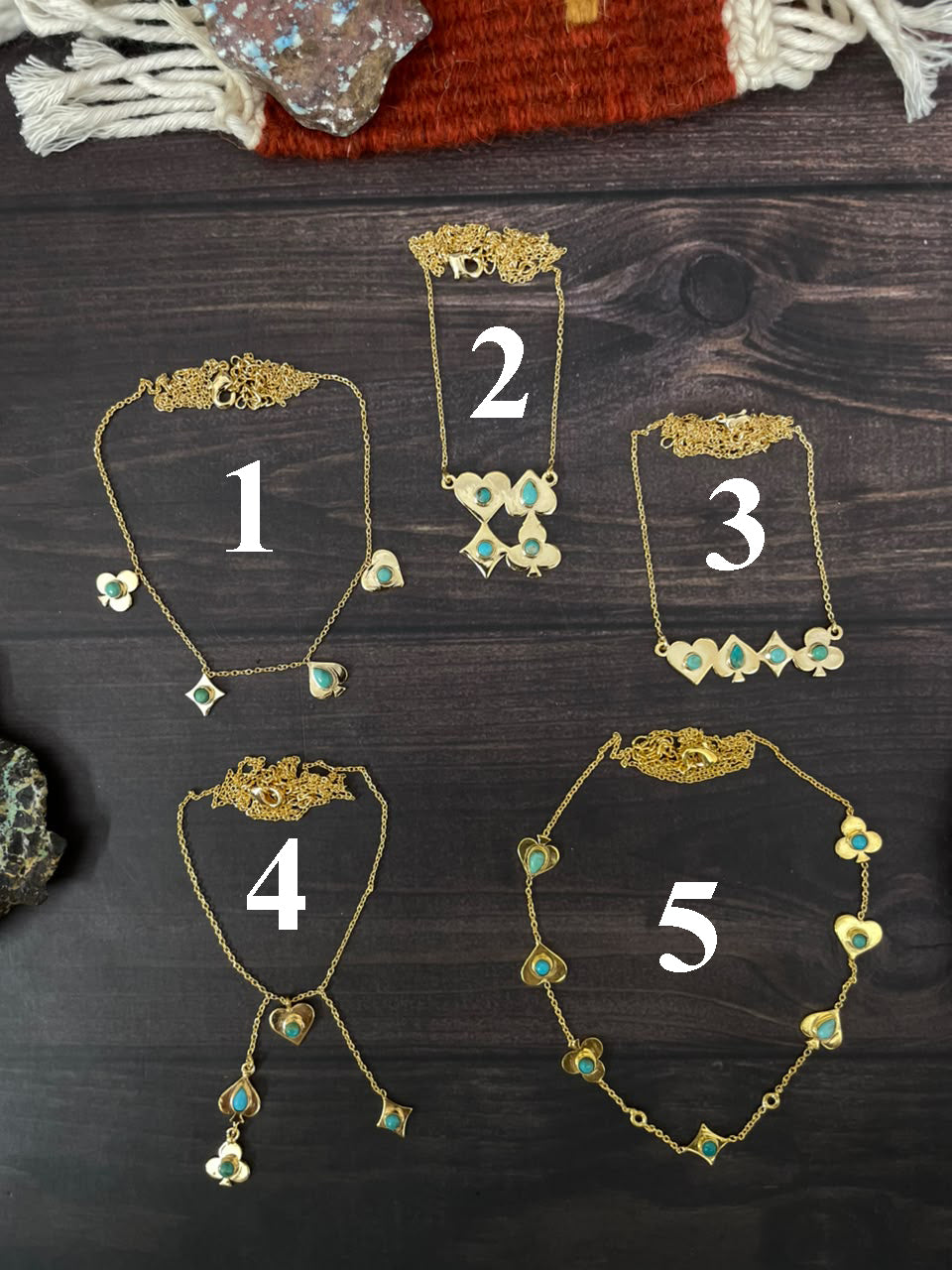“The Golden Collection” Handmade Gold-Plated Kingman Turquoise Playing Card Necklace Signed Nizhoni