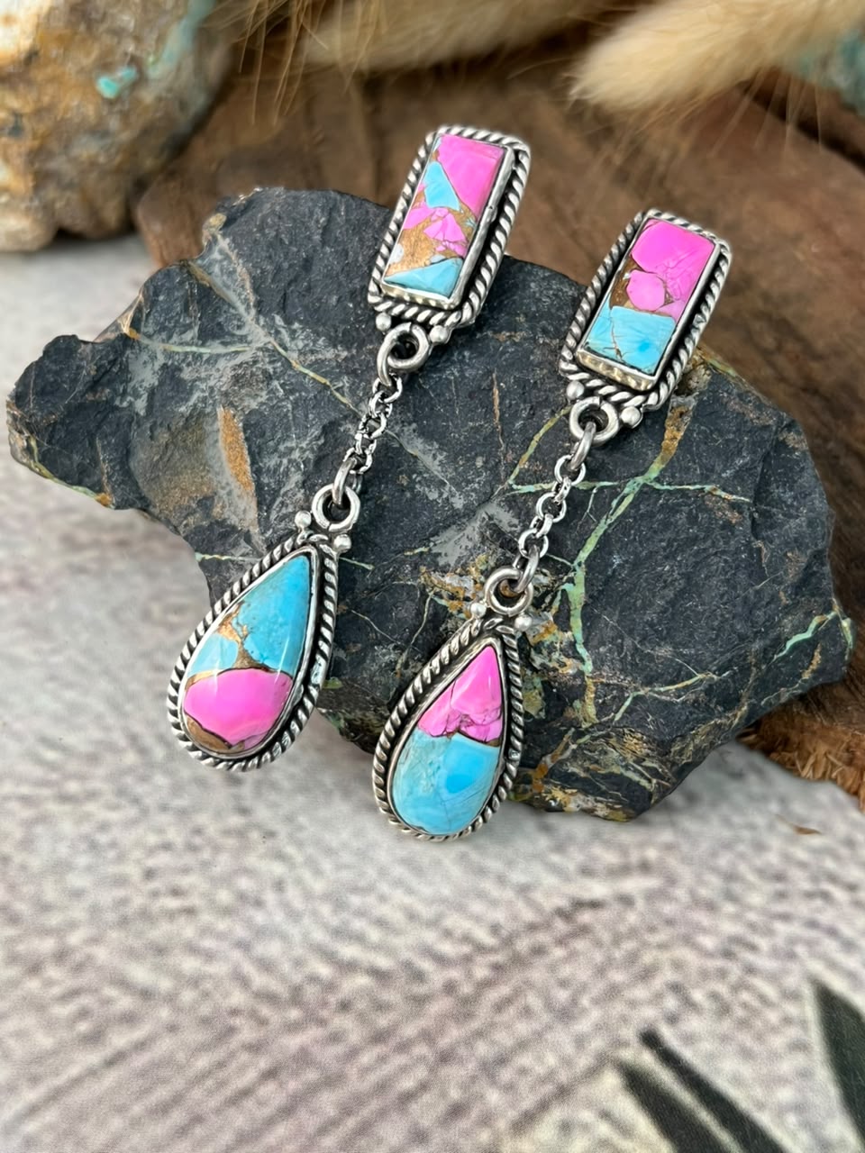 Handmade Sterling Silver Cotton Candy Post Dangle Earrings Signed Nizhoni