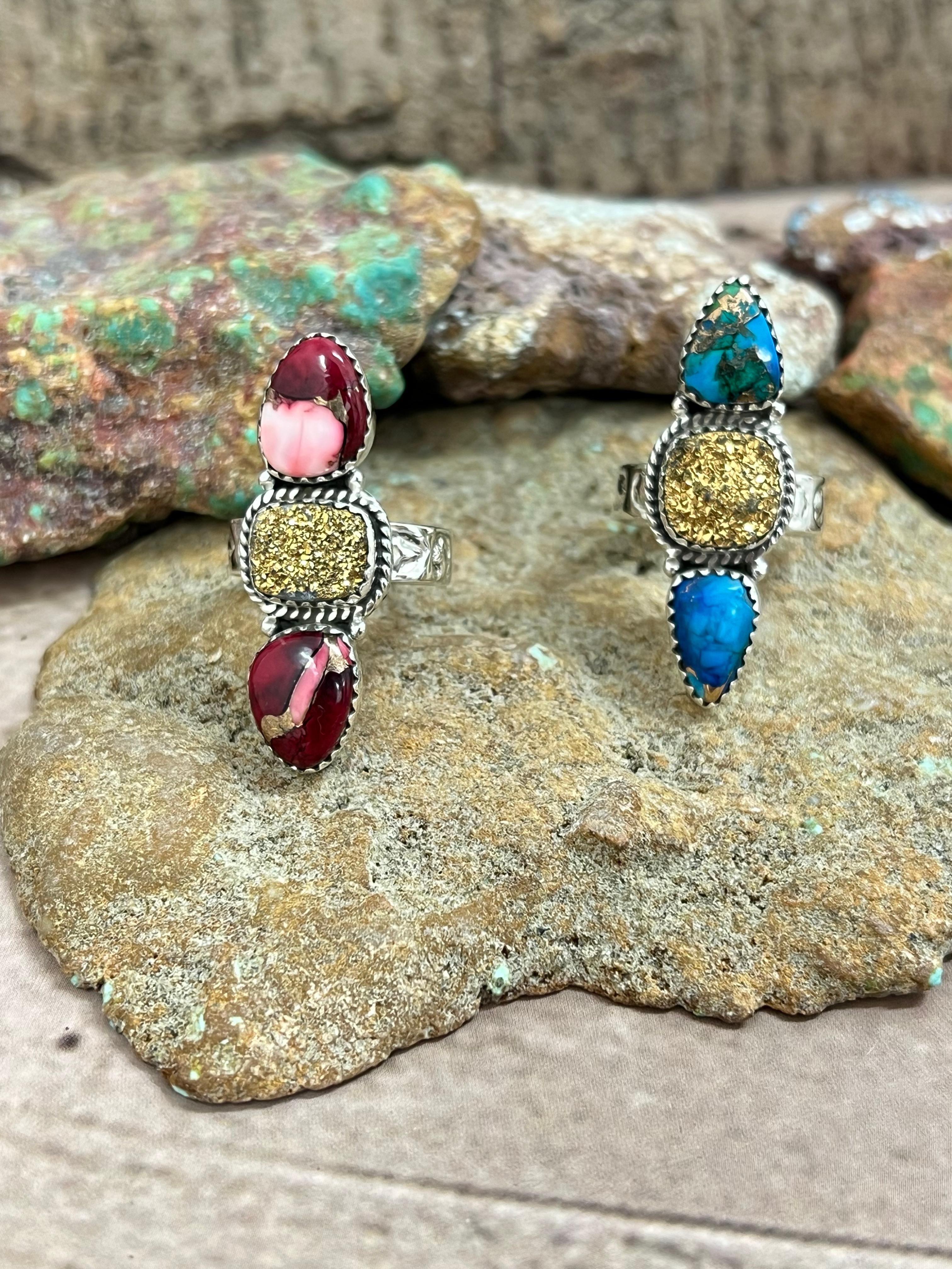 Handmade Sterling Silver Dahlia Rose with Druzy, Peacock Dahlia with Druzy Adjustable Ring, Signed Nizhoni