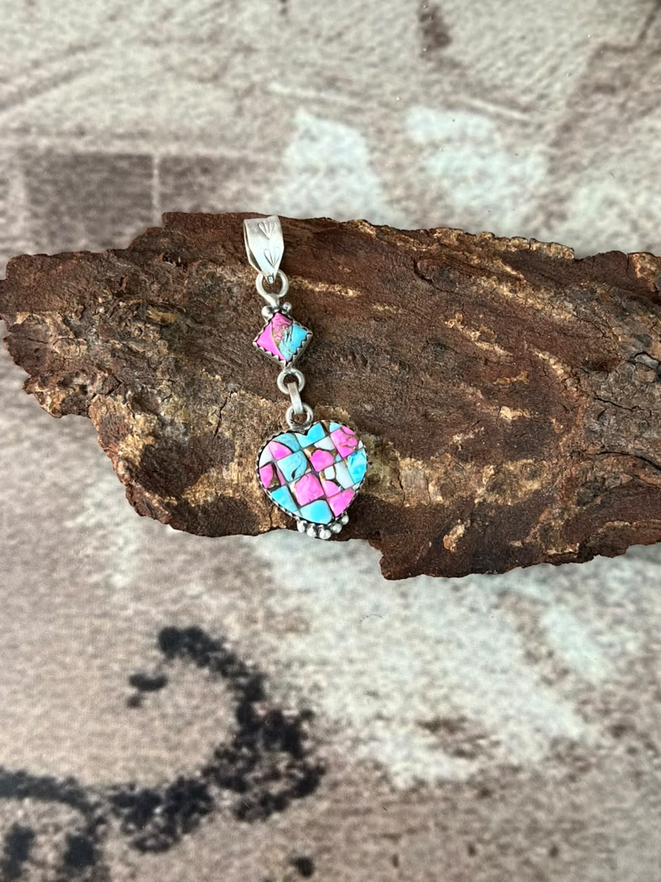 Handmade Sterling Silver Cotton Candy Cobble Stone Heart Pendant Signed Nizhoni