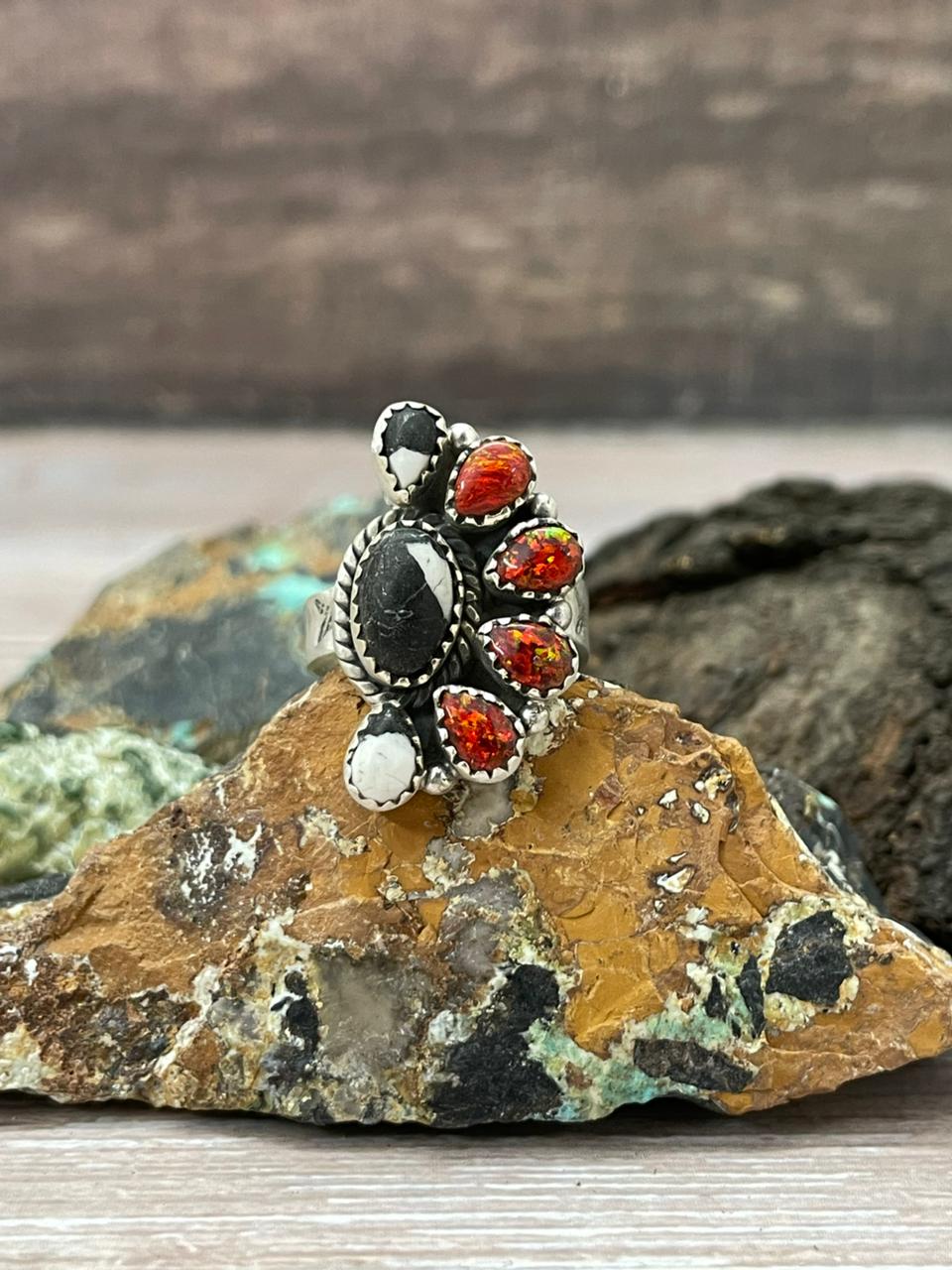 "Christmas Collection" Handmade Sterling Silver White Buffalo with Red Opal Adjustable Ring "Signed Nizhoni"