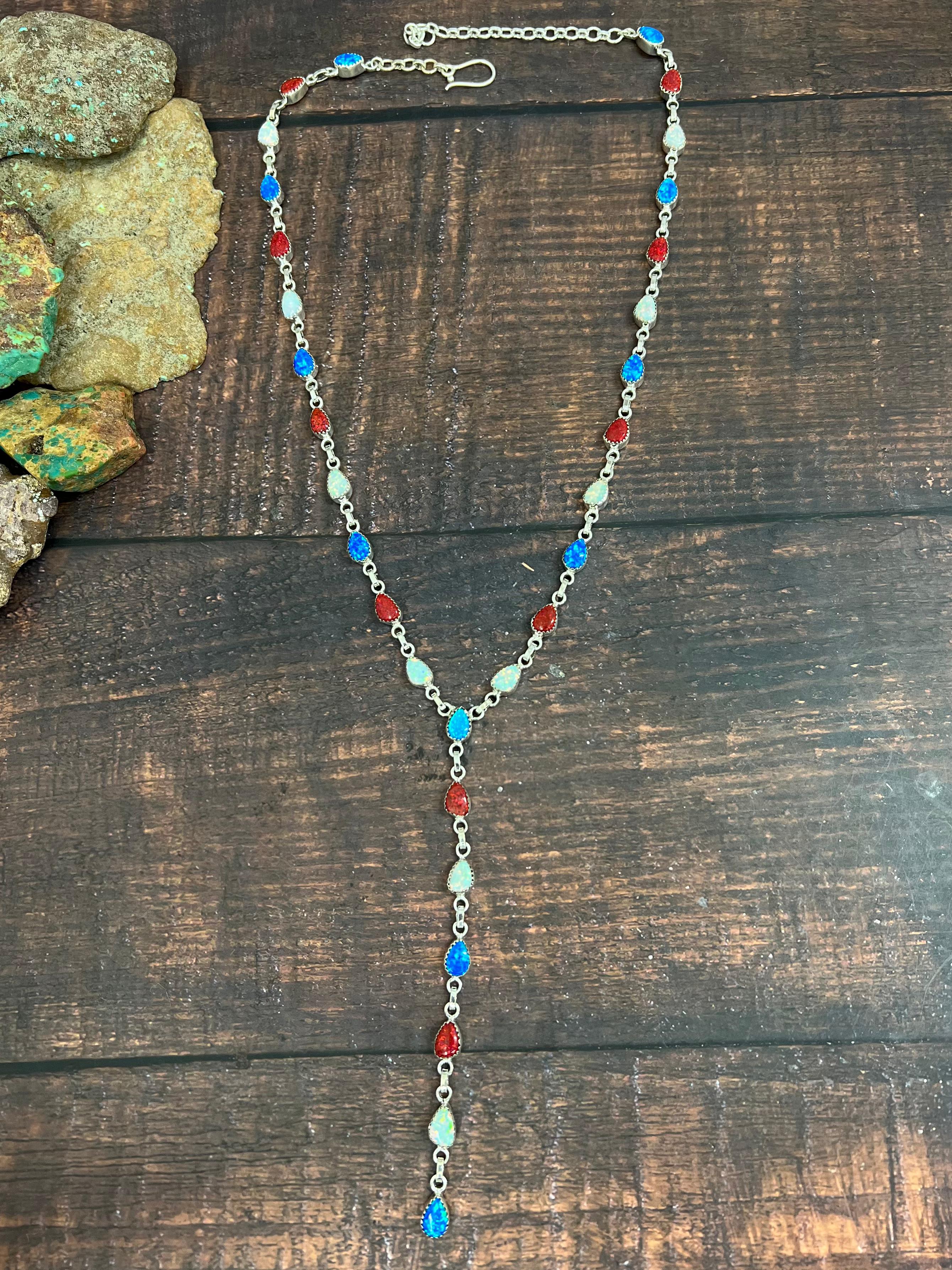 ** 4TH OF JULY ** Handmade Sterling Silver Synthetic Opal Necklace with Signed Nizhoni