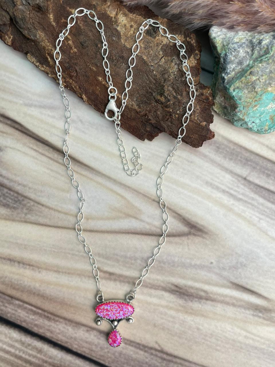 Handmade Sterling Silver Hot Pink Necklace Signed Nizhoni