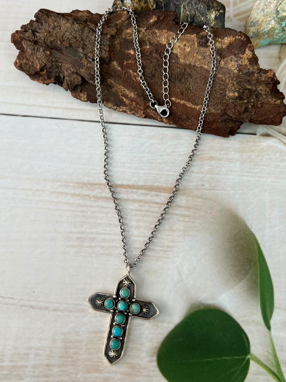 Handmade Sterling Silver Kingman Turquoise Cross Necklace Signed Nizhoni