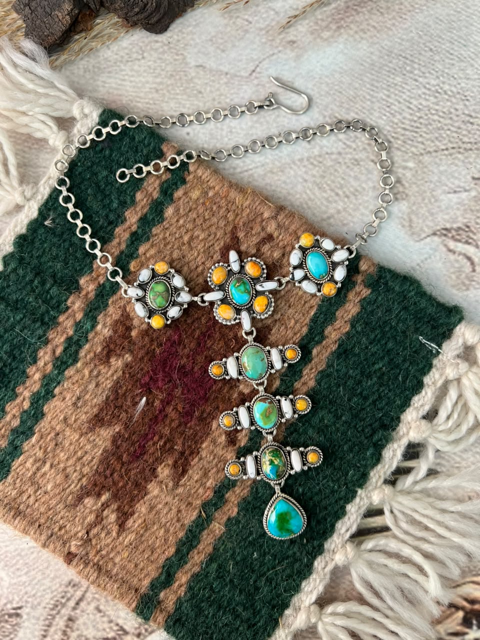 Handmade Sterling Silver Sonoran Mountain Turquoise with Bumblebee and White Buffalo Spring Collection: Necklace Signed Nizhoni