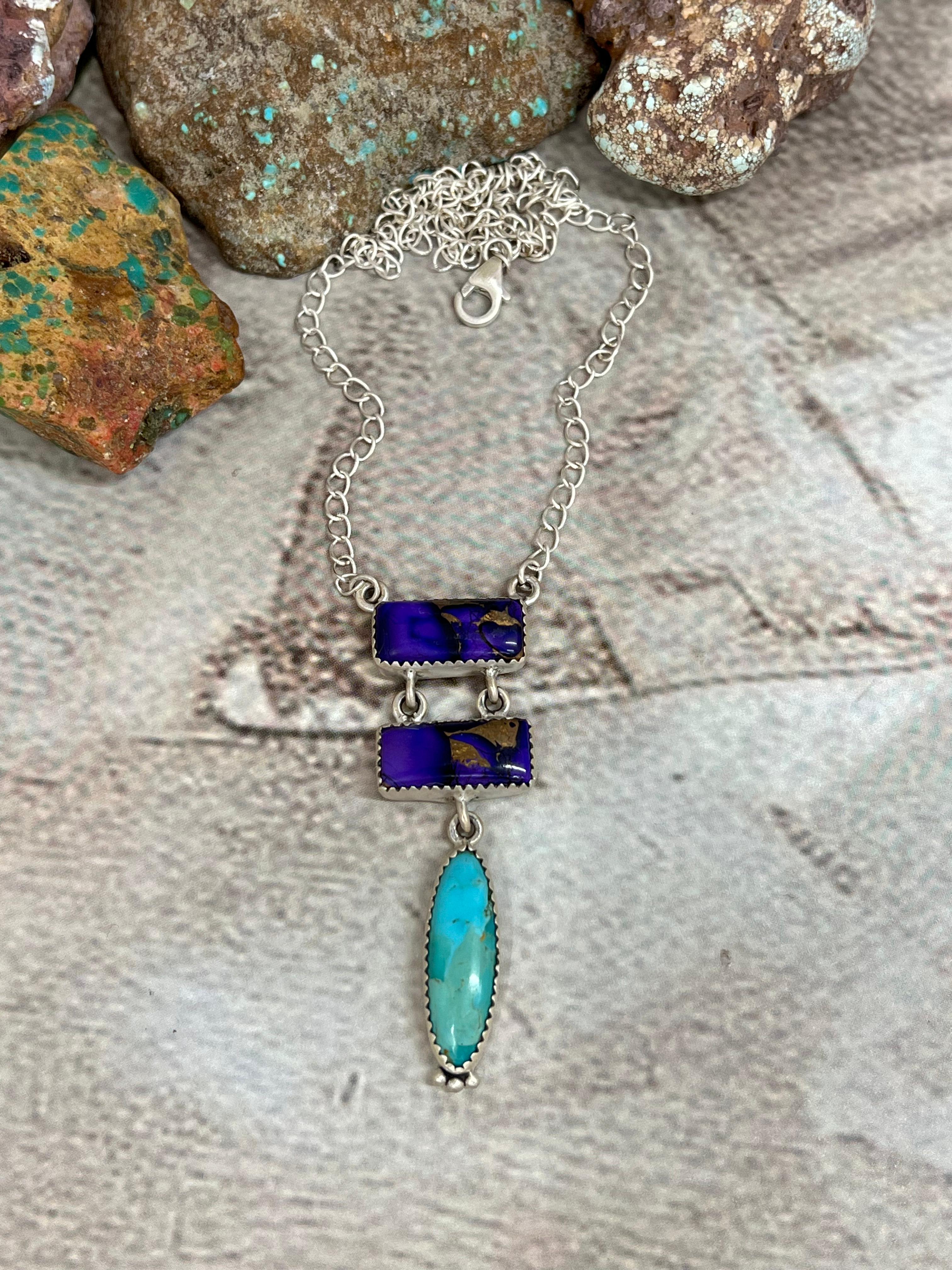 Handmade Sterling Silver Grape Dahlia Kingman Turquoise Necklace with Signed Nizhoni