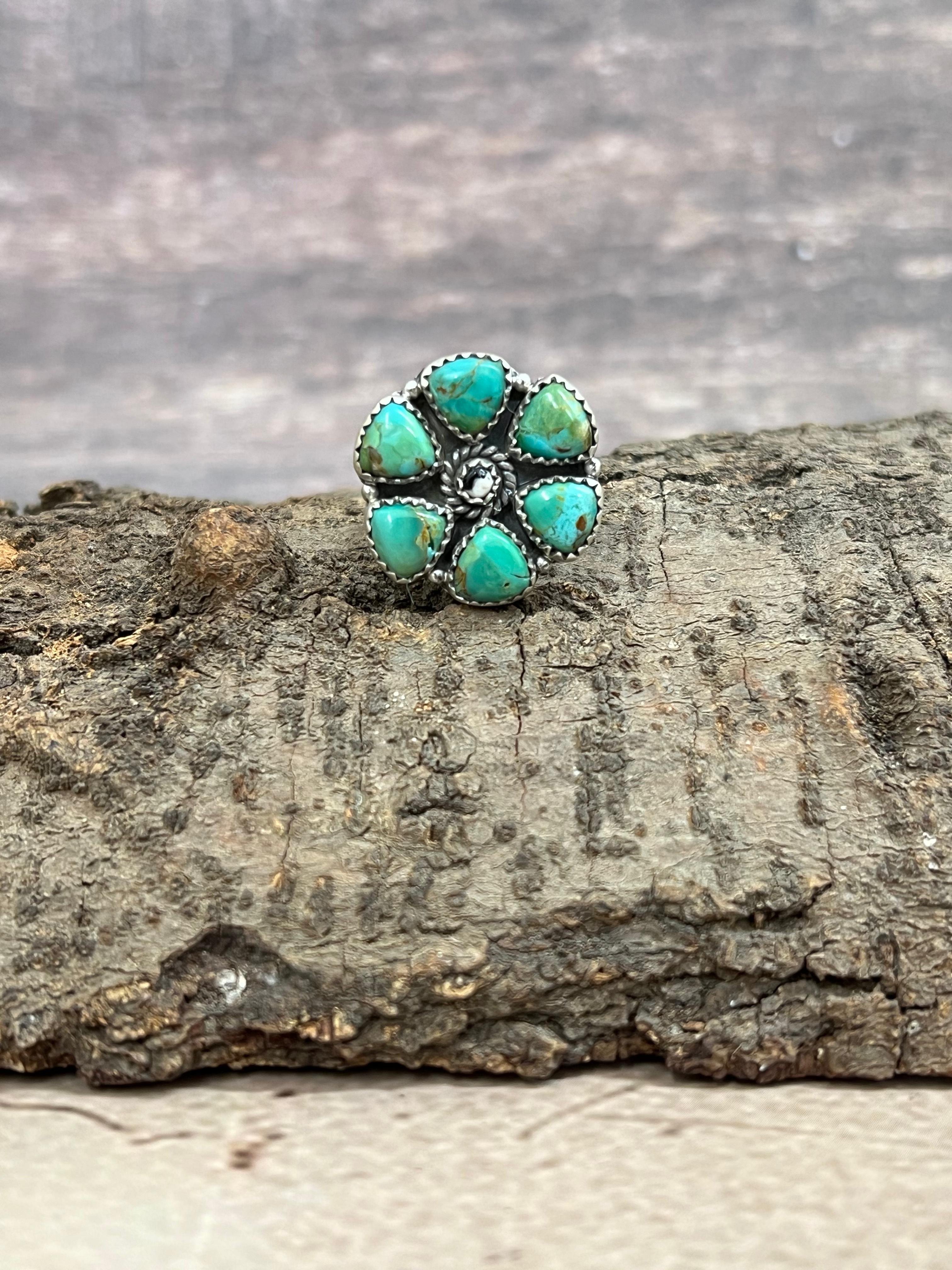 Handmade Sterling Silver Kingman Turquoise Adjustable Ring with Signed Nizhoni