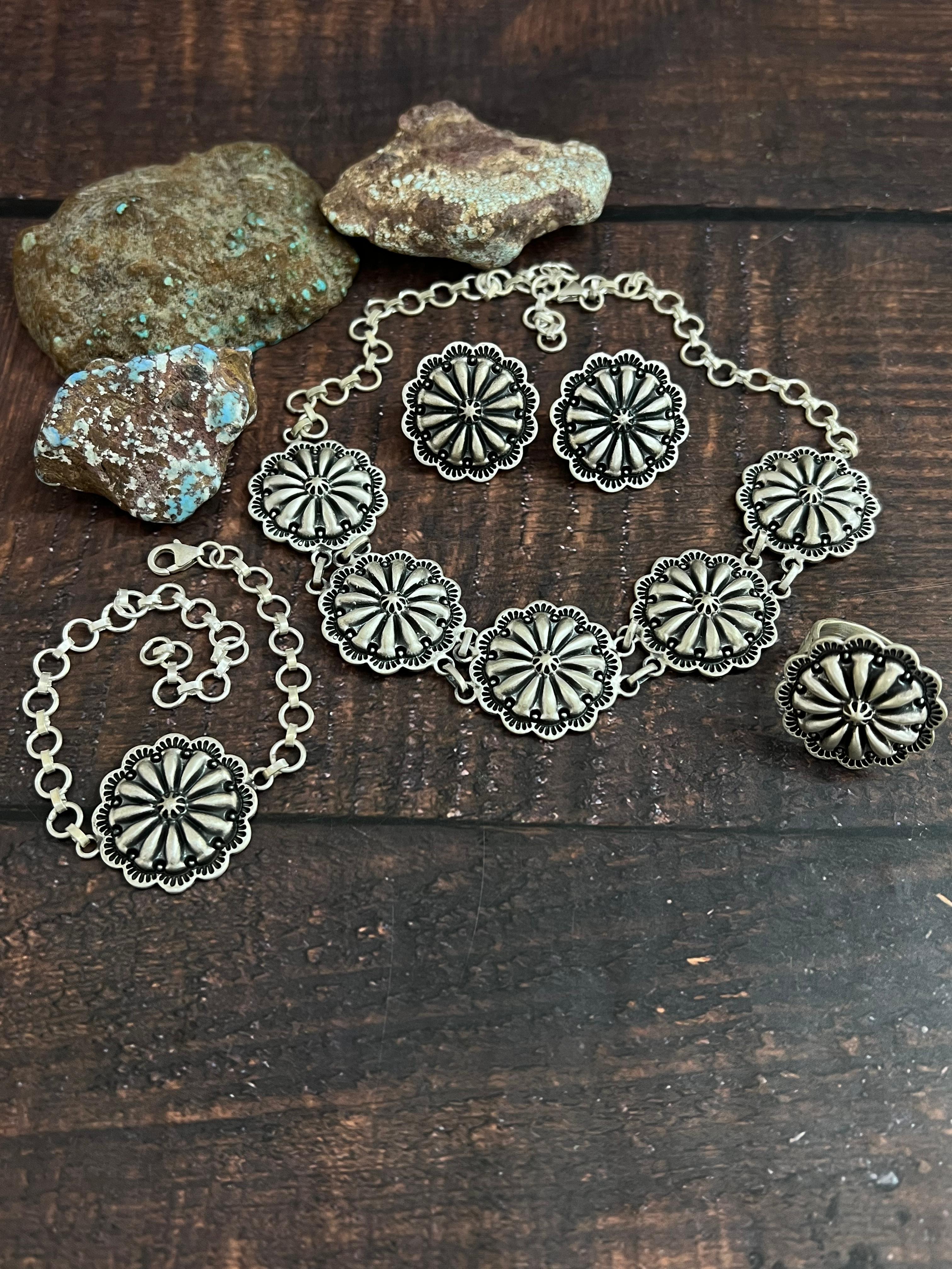 Handmade Sterling Silver Necklace Earrings Ring Bracelet Set, Signed Nizhoni