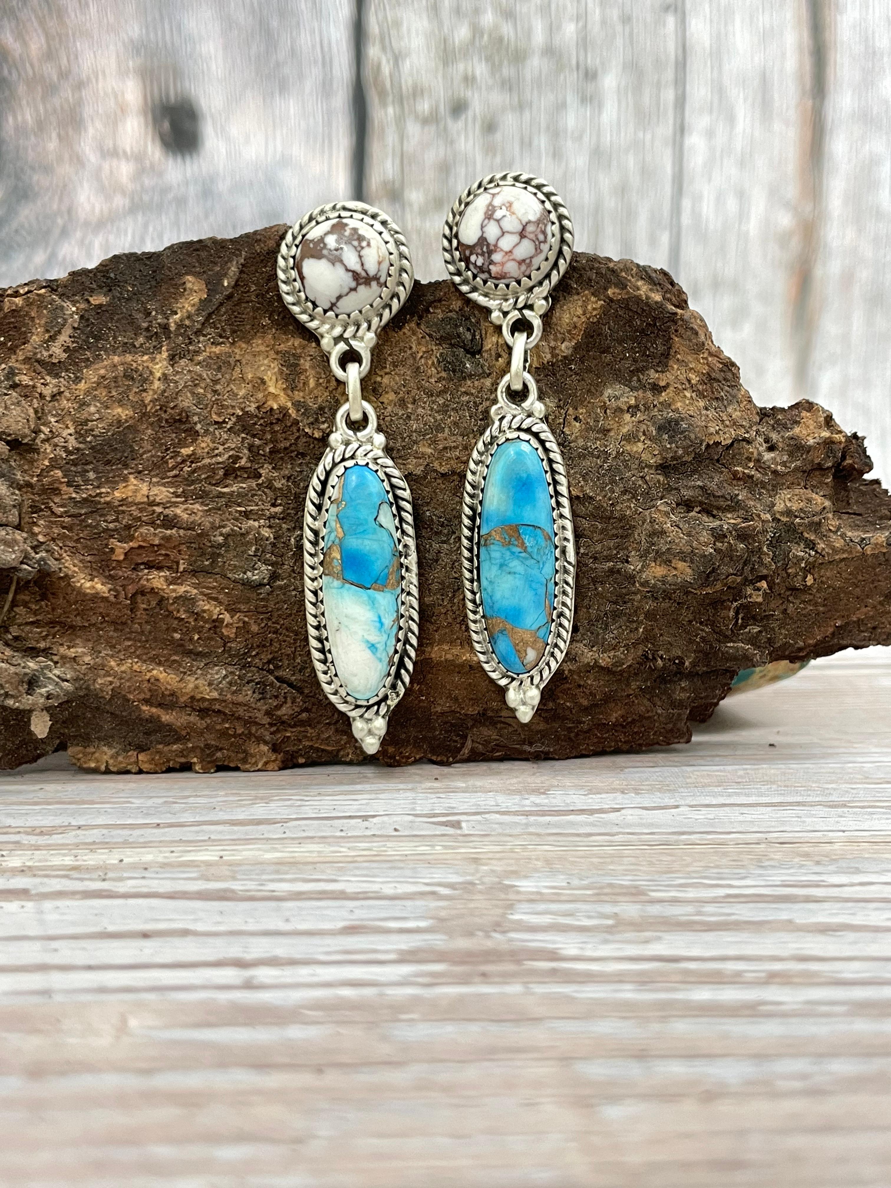 Handmade Sterling Silver Ice Blue Dahlia with Wild Horse Dangle Earrings, Signed Nizhoni