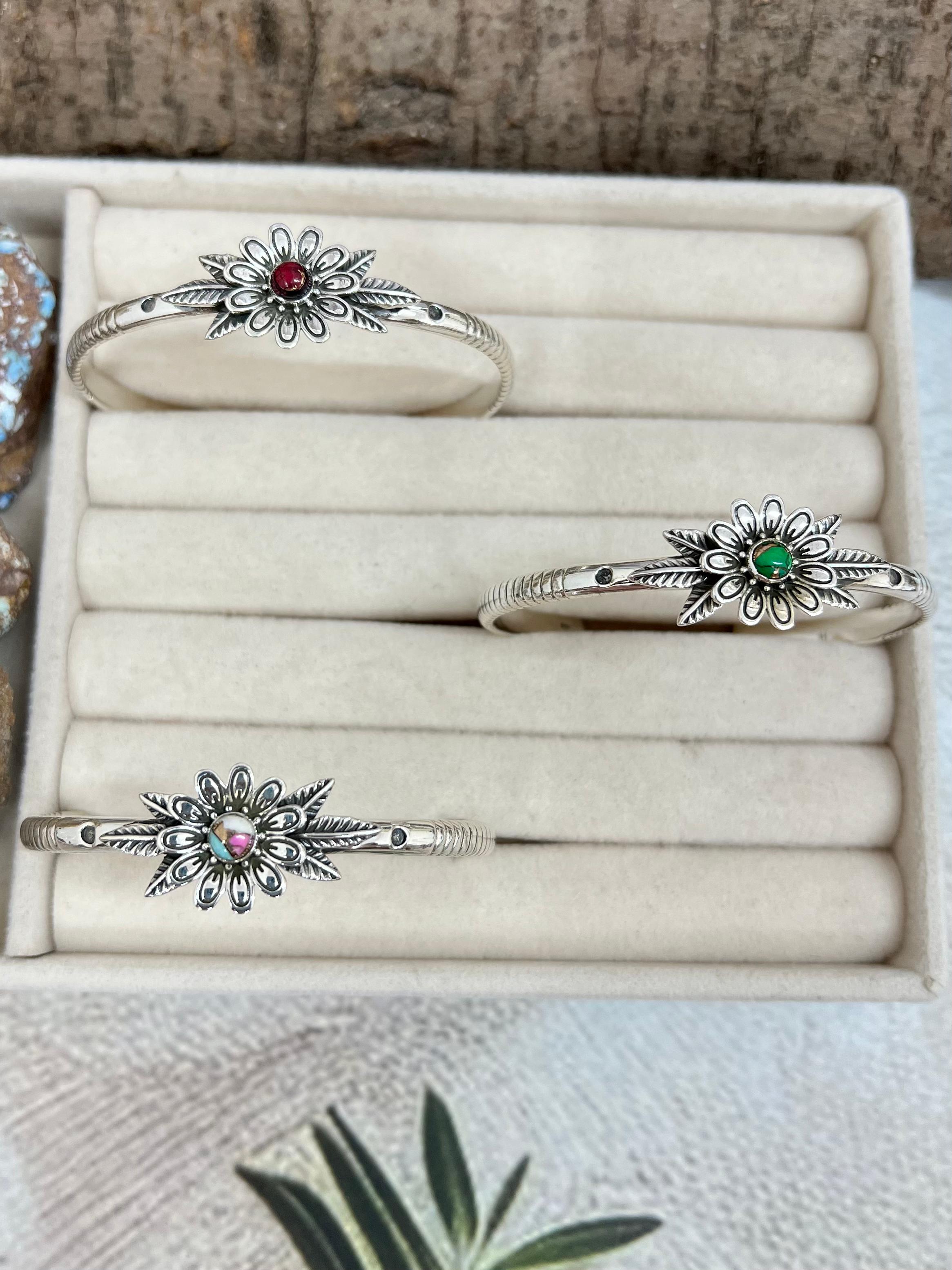 Handmade Sterling Silver Peacock Dahlia, Cotton Candy Turquoise, Dahlia Rose Cuff Bracelet with Signed Nizhoni (4)