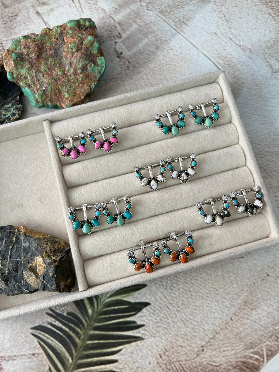 Handmade Sterling Silver Multi Stone Buckle Post Studs Earrings "Signed Nizhoni"