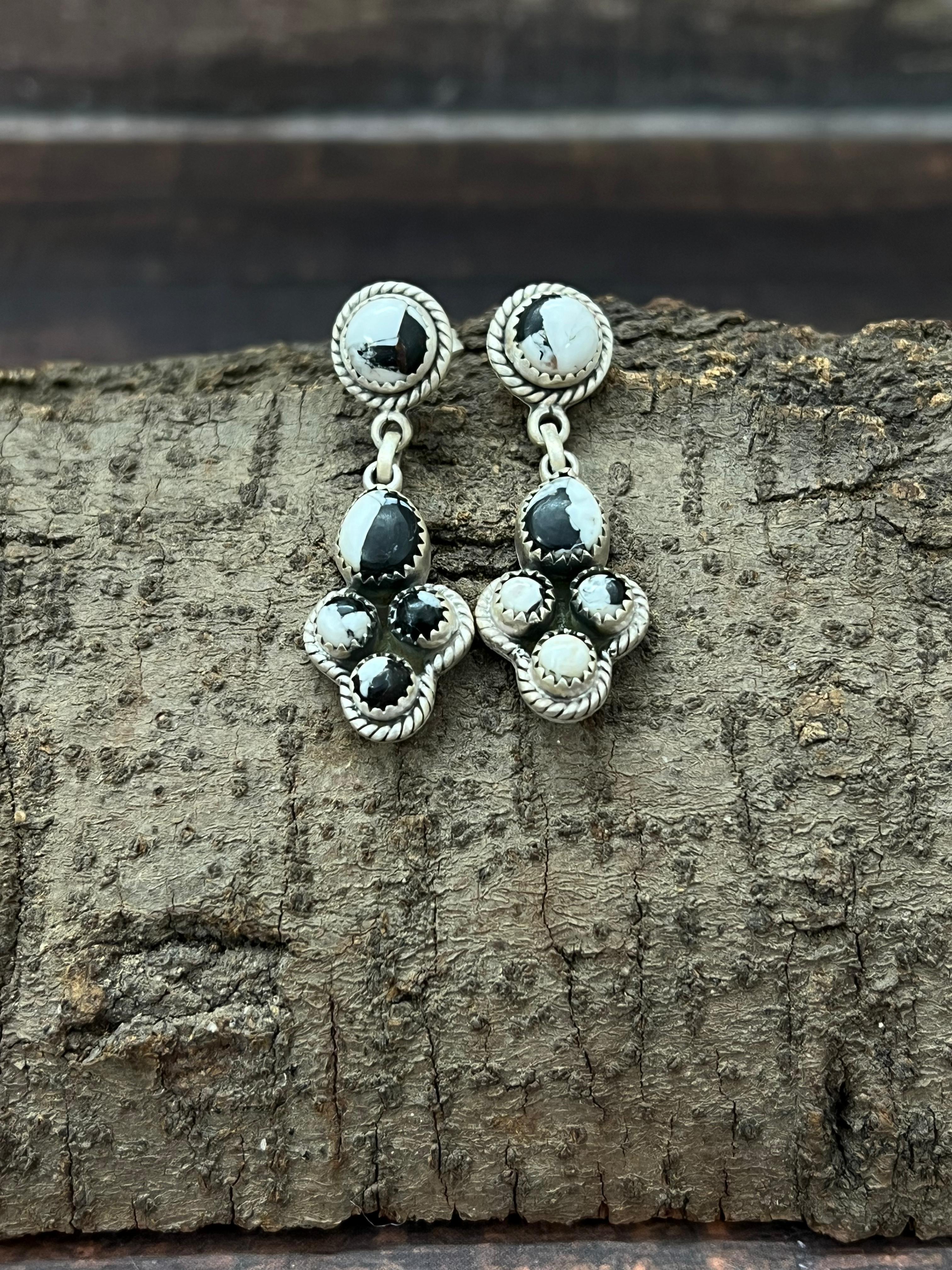 Handmade Sterling Silver White Buffalo Post Dangle Earrings with Signed Nizhoni (2)