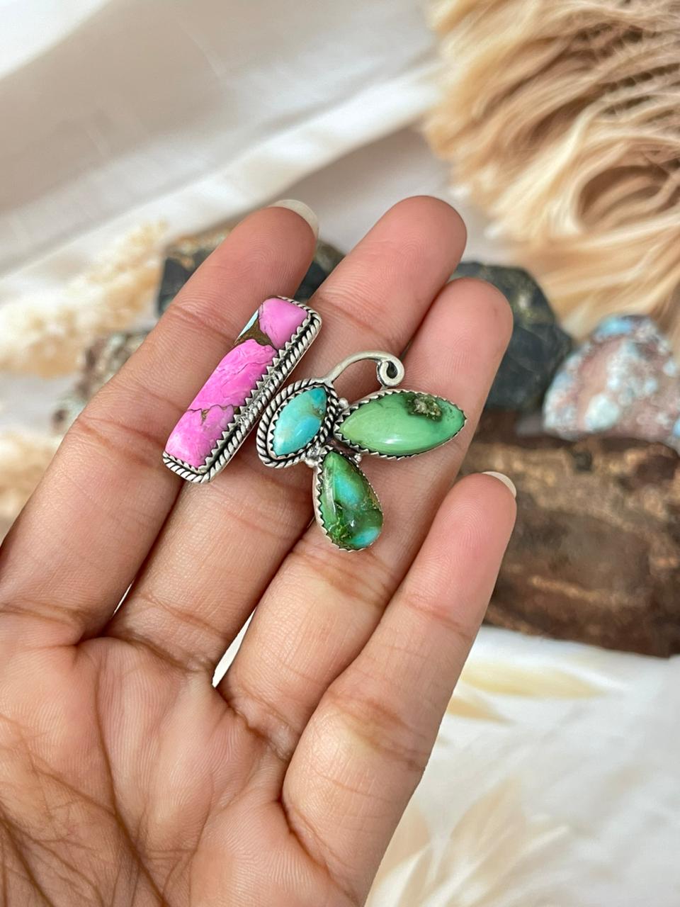 Handmade Sterling Silver Spring Collection: Sonoran Mountain Turquoise with Cotton Candy Butterfly Adjustable Ring "Signed Nizhoni"