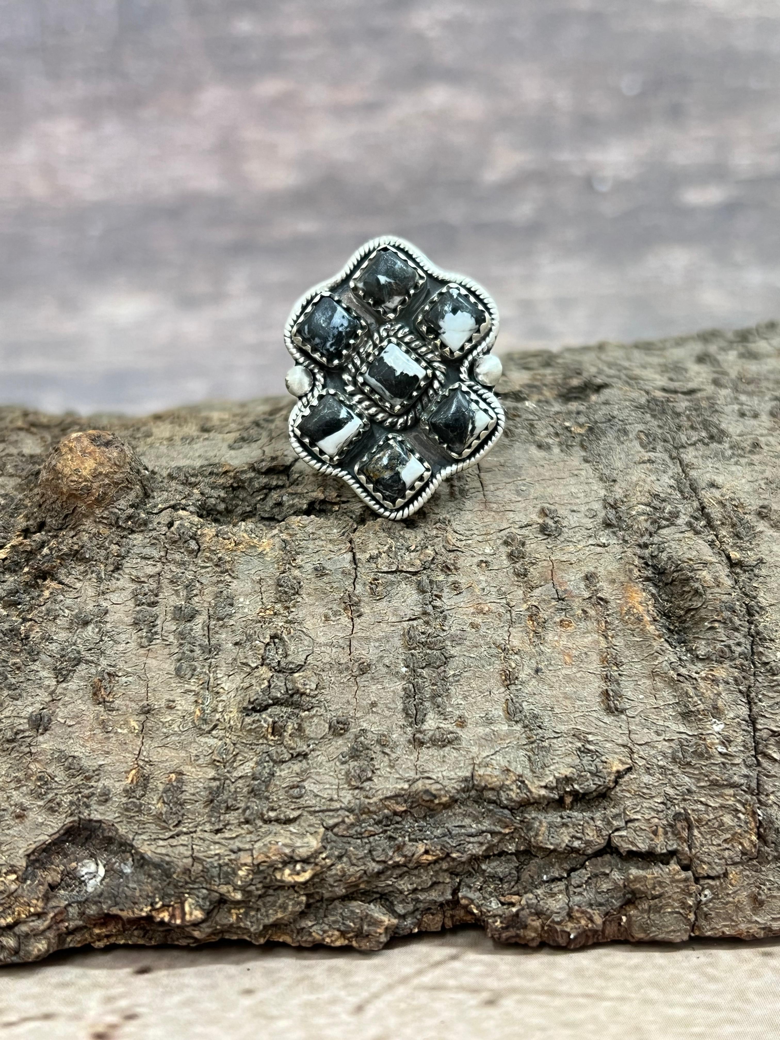 Handmade Sterling Silver White Buffalo Adjustable Ring Signed Nizhoni