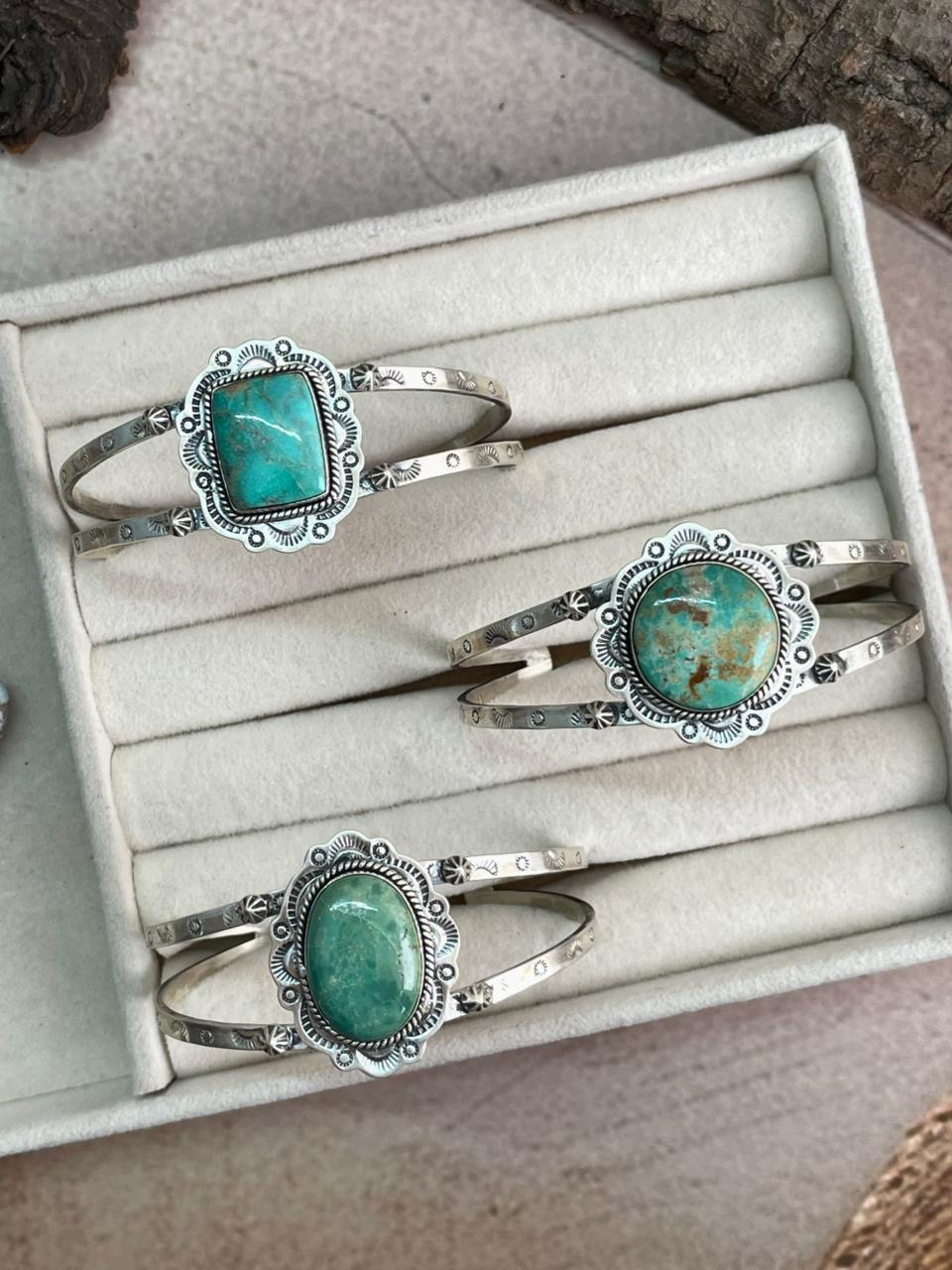 Handmade Sterling Silver Mantis Turquoise Cuff Bracelet with Signed Nizhoni