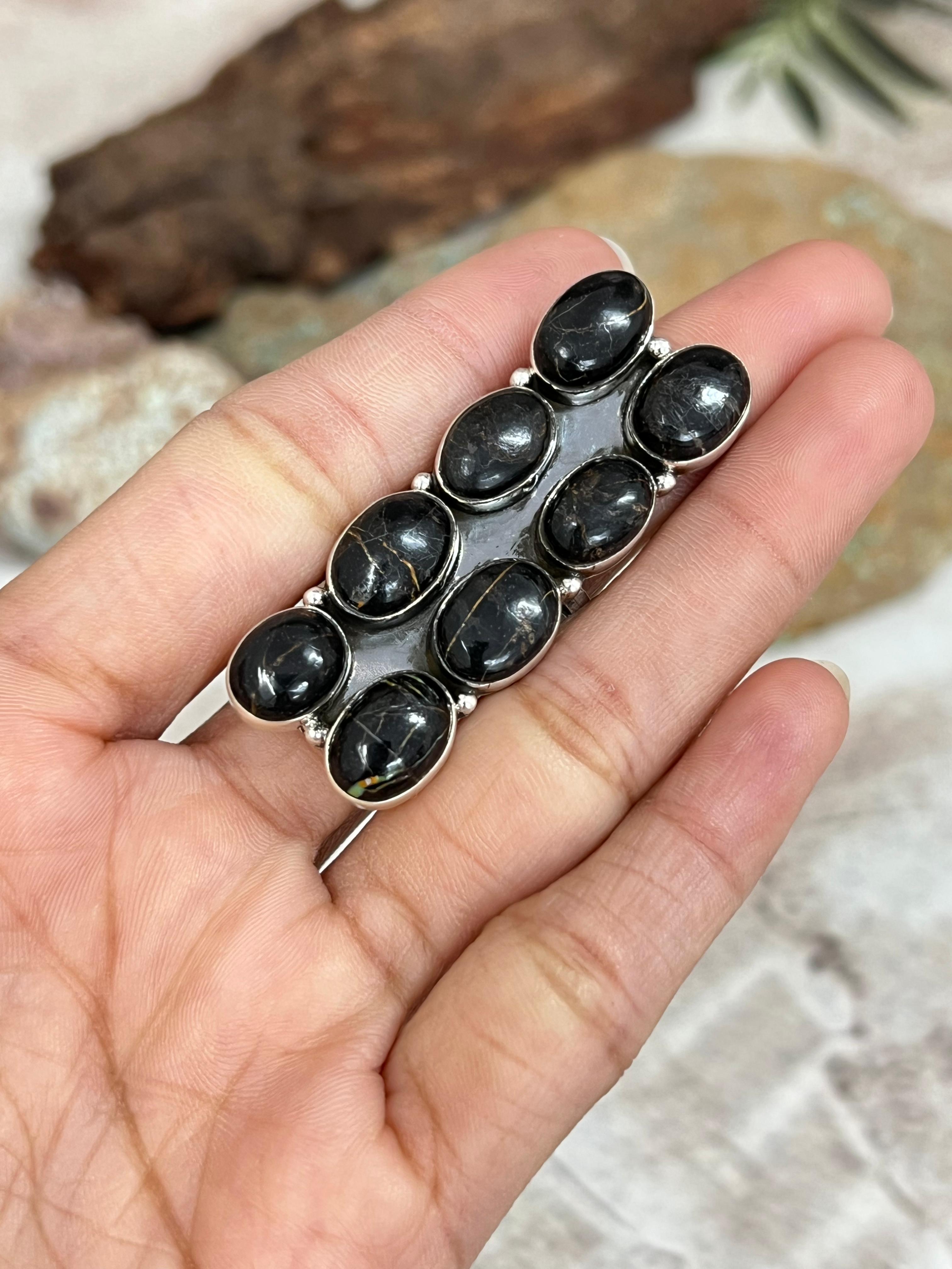 Handmade Sterling Silver Blackjack Turquoise Adjustable Ring Signed Nizhoni