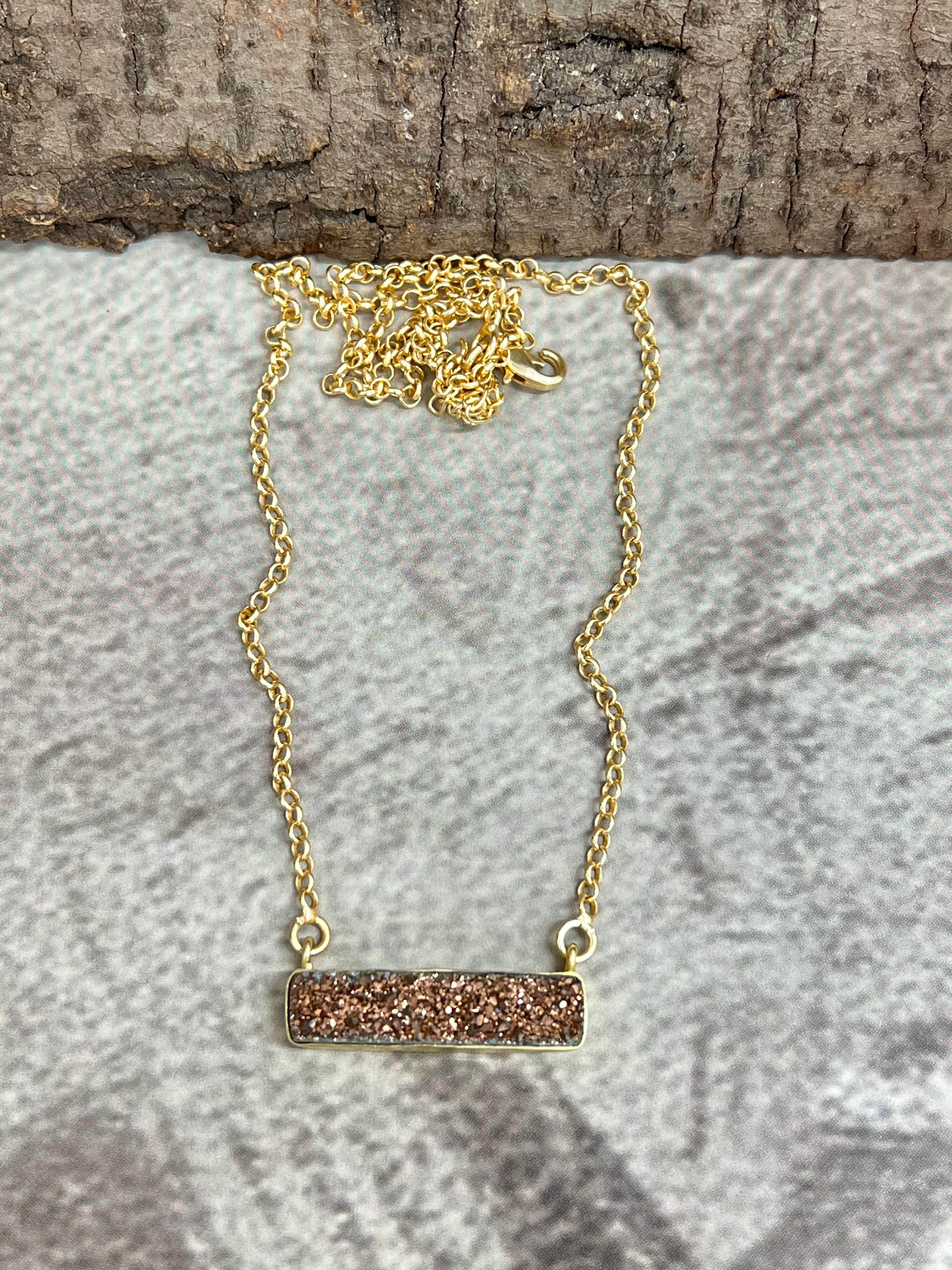 “The Boho Collection” Handmade Druzy Rose Gold Bar Necklace Signed Nizhoni
