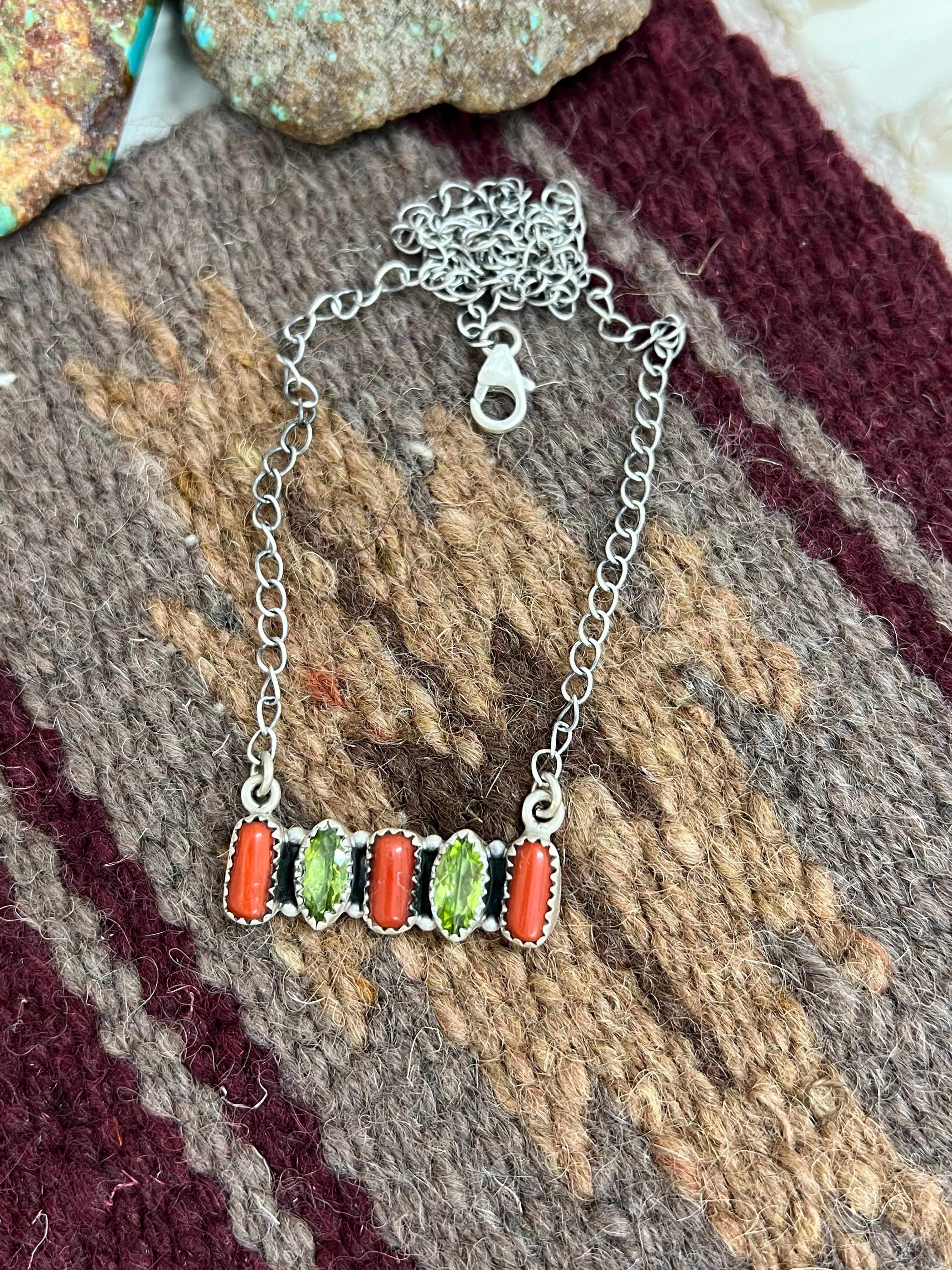 Christmas Collection Handmade Sterling Silver Coral with Peridot Bar Necklace with Signed Nizhoni