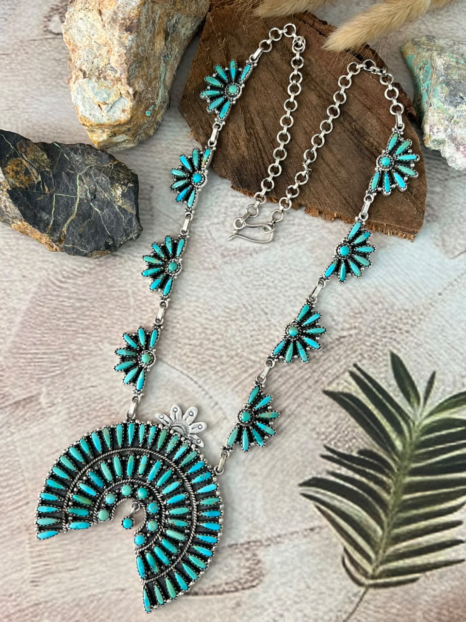 Handmade Sterling Silver Kingman Turquoise Naja Necklace Signed Nizhoni
