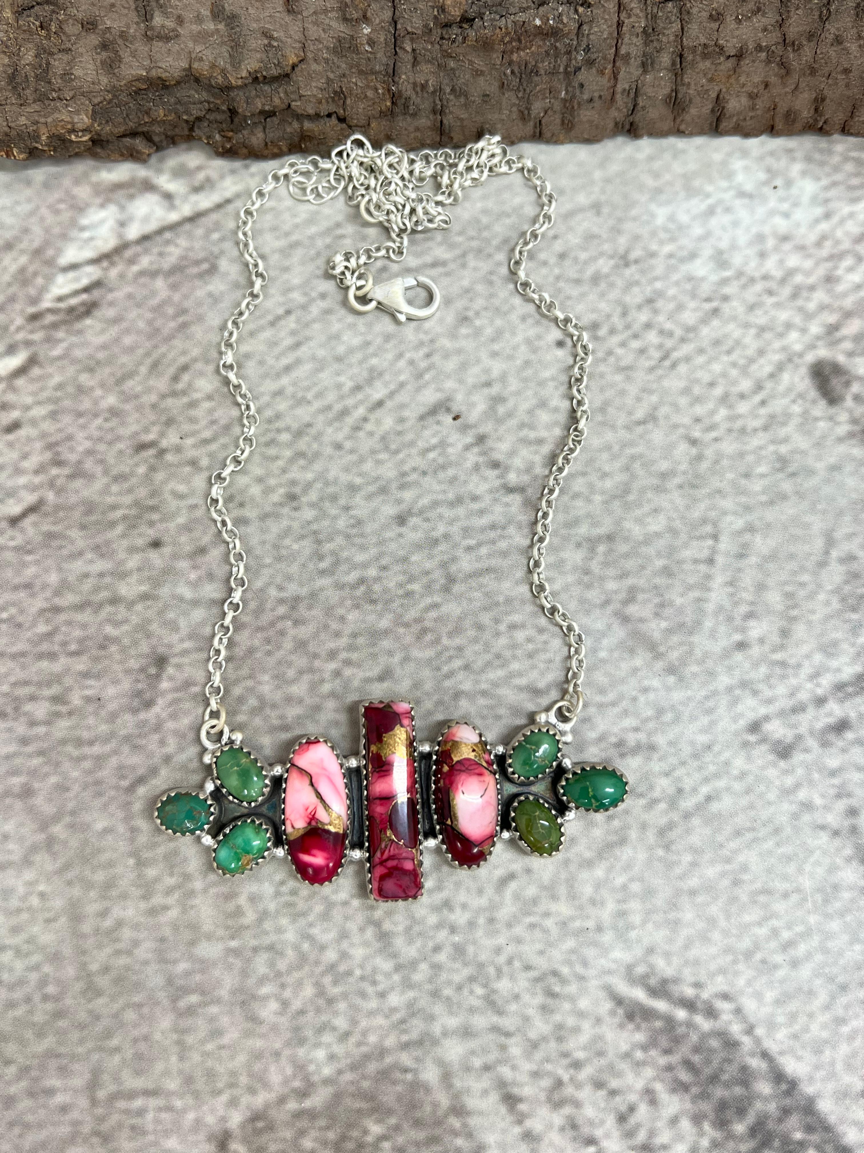 Handmade Sterling Silver Dahlia Rose with Emerald Valley Necklace with Signed Nizhoni