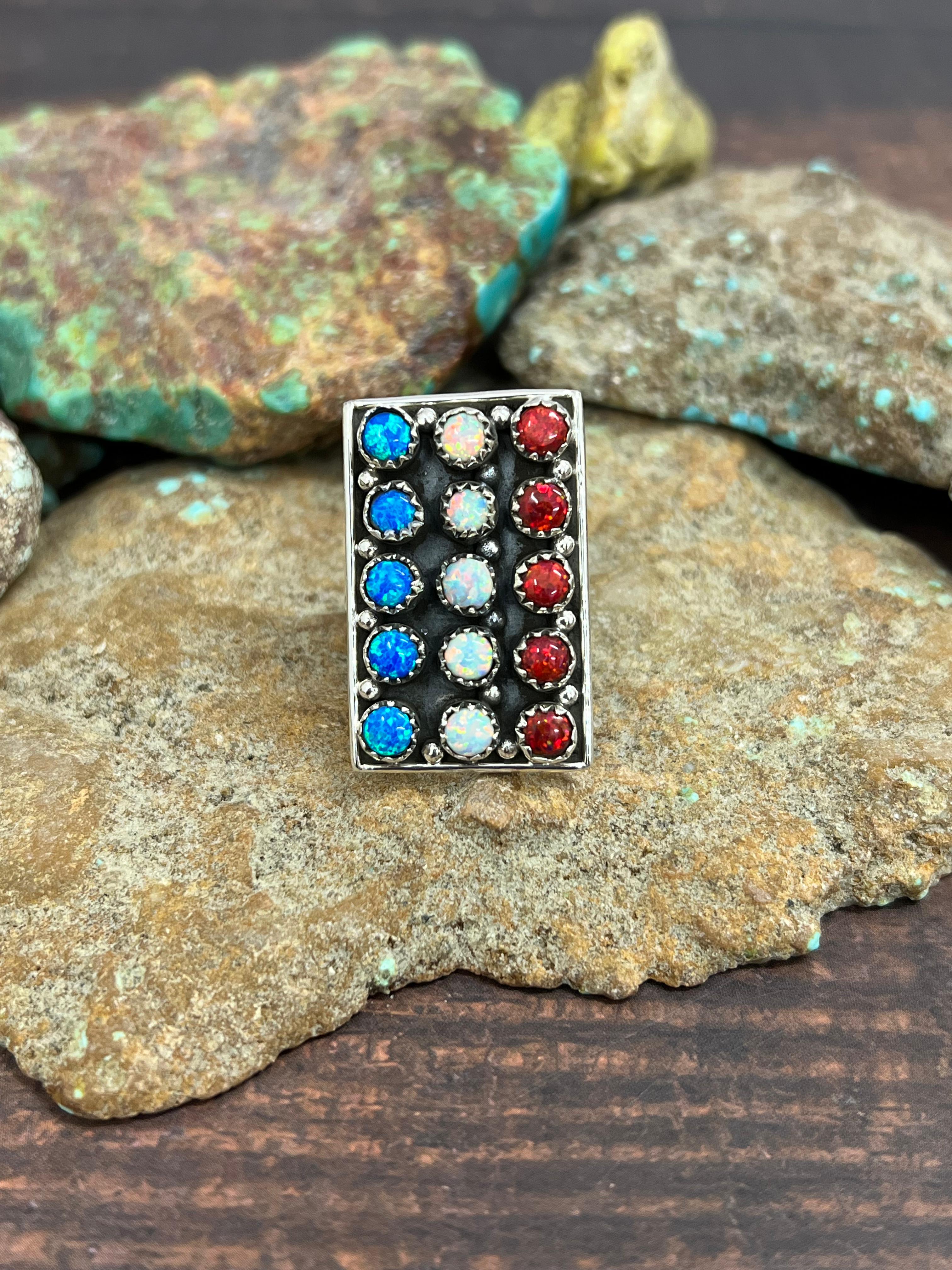 ** 4TH OF JULY ** Handmade Sterling Silver Synthetic Opal Adjustable Ring with Signed Nizhoni