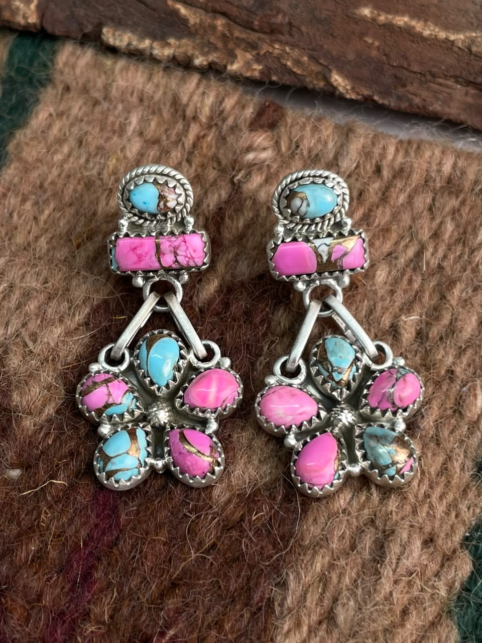 Handmade Sterling Silver Cotton Candy Post Dangle Earrings Signed Nizhoni