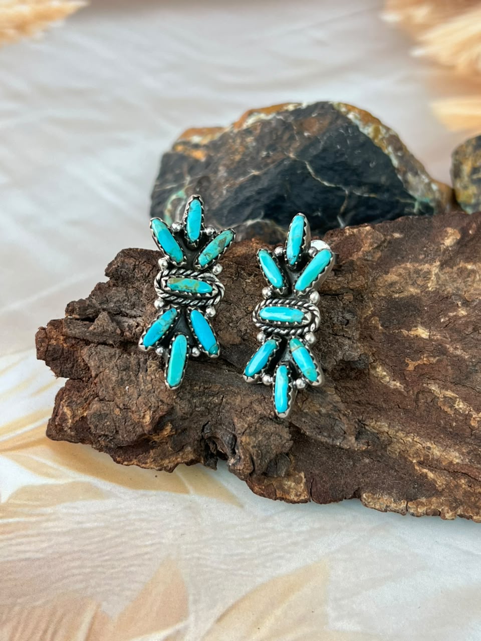 Handmade Sterling Silver Kingman Turquoise Post Studs Earrings Signed Nizhoni (5) •99
