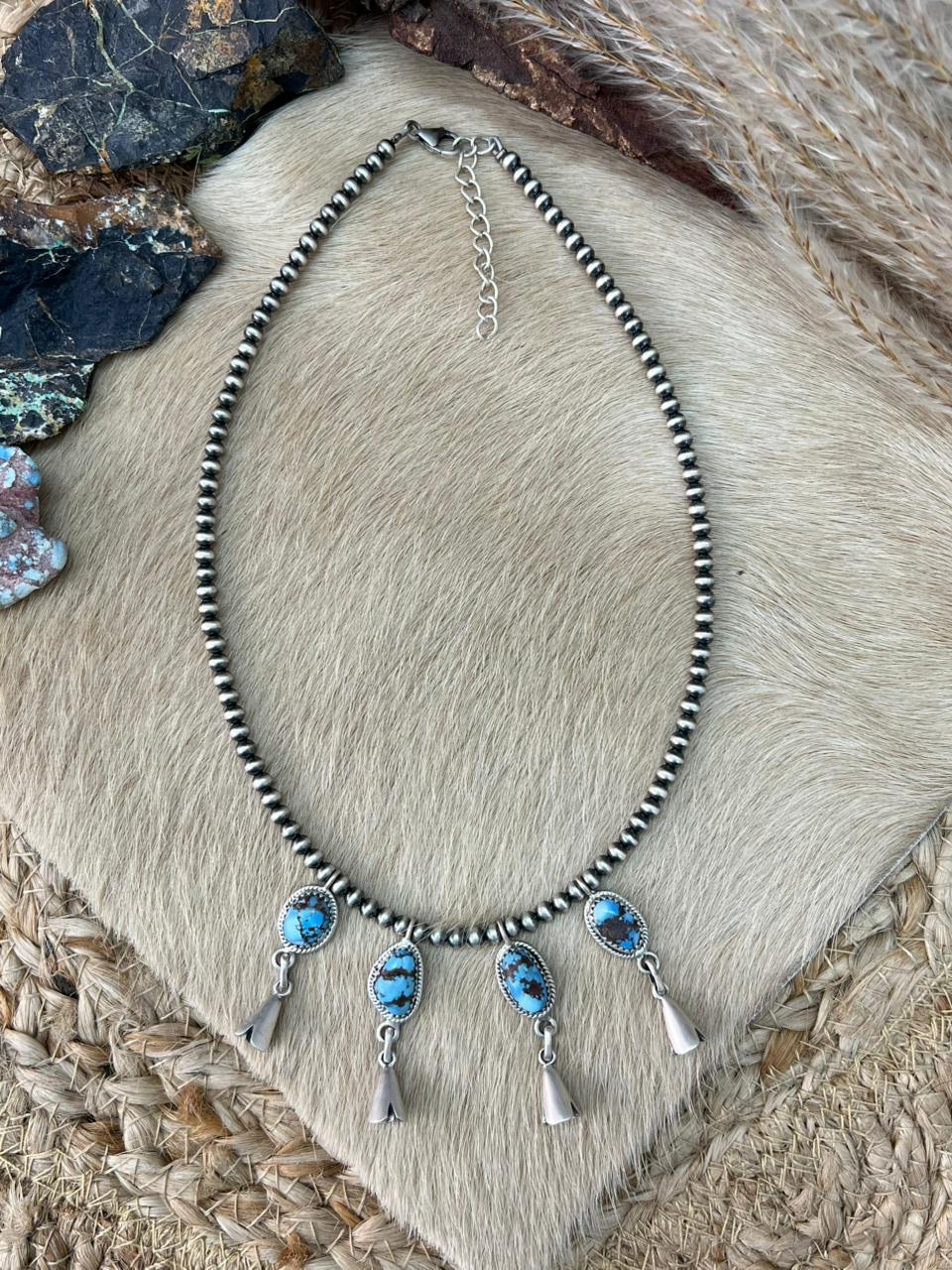 Handmade Sterling Silver Golden Hills Turquoise Beaded Necklace "Signed Nizhoni"