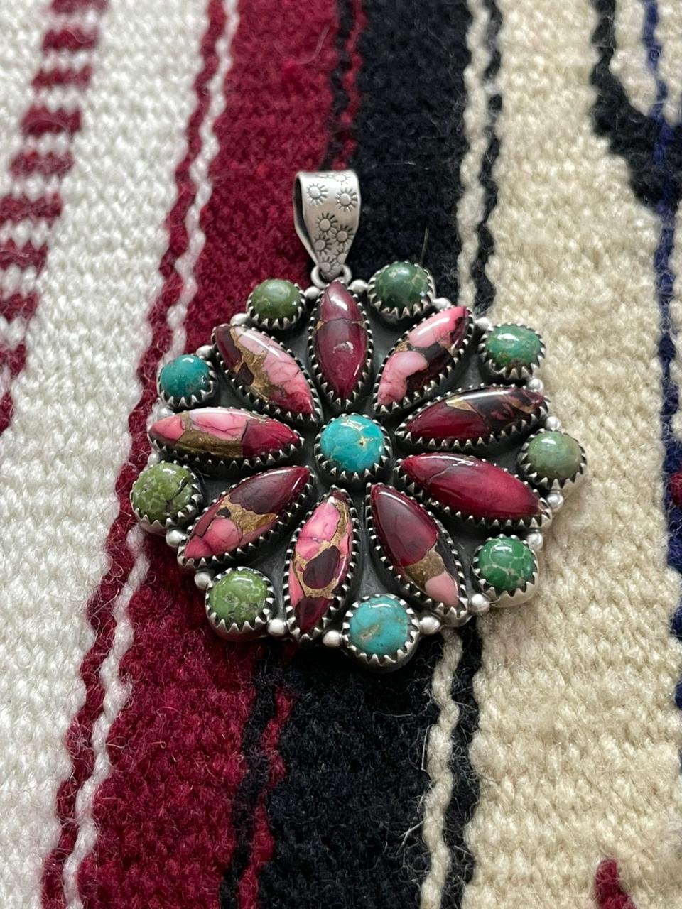 Handmade Sterling Silver Emerald Valley with Dahlia Rose Pendant "Signed Nizhoni"