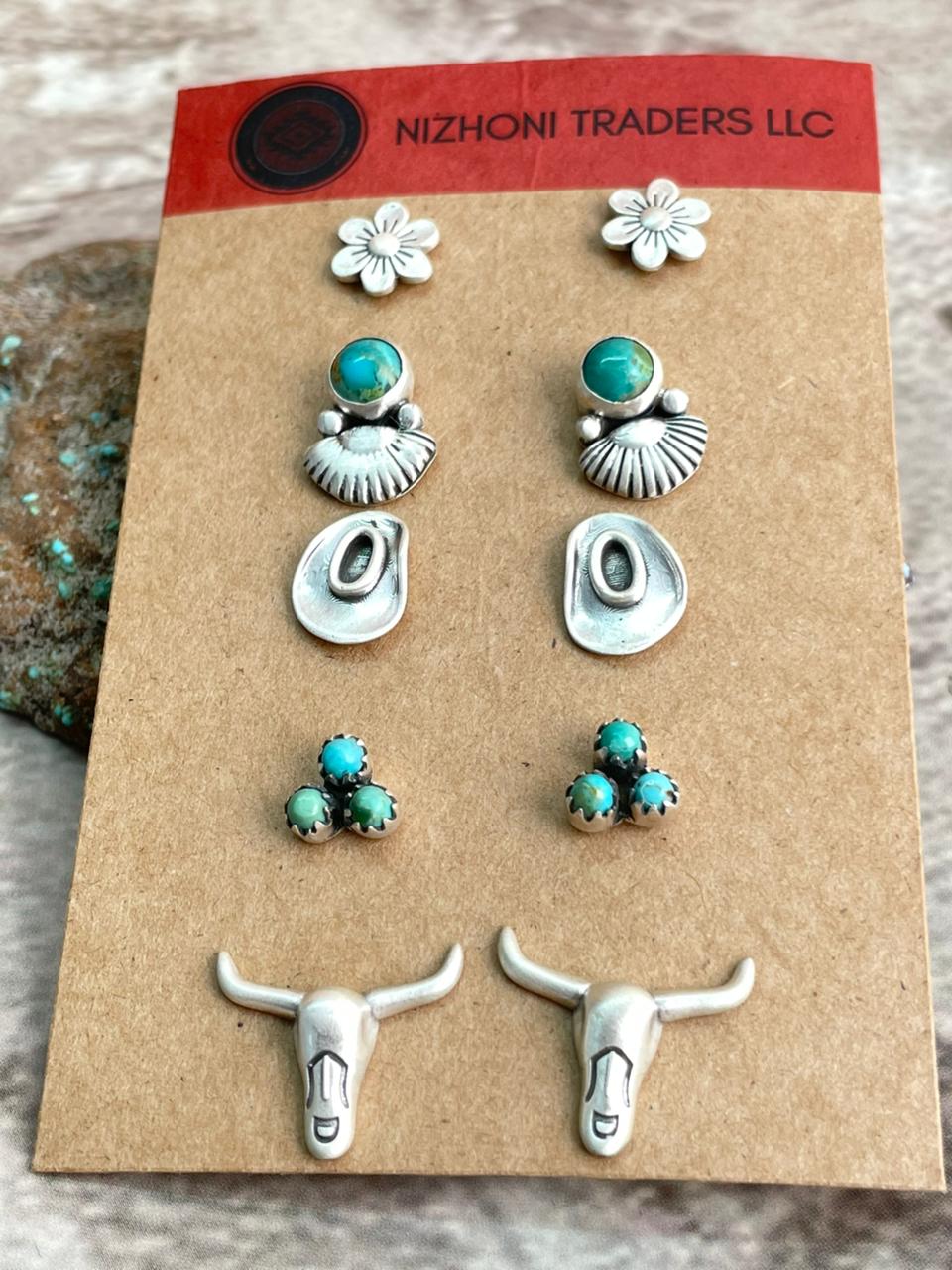 Handmade Sterling Silver Kingman Turquoise Post Studs Set (Card) Earrings